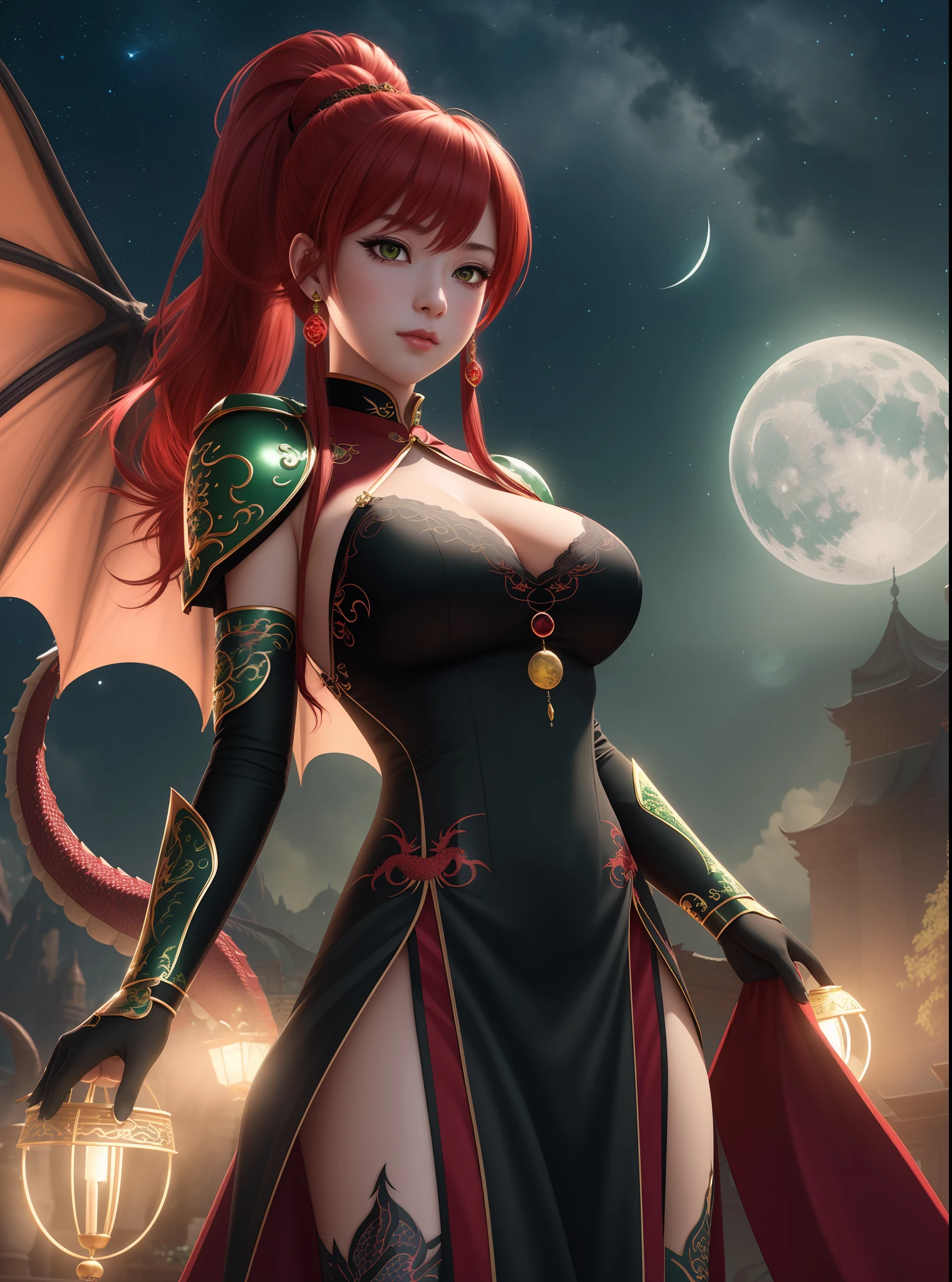 extremely detailed CG unity 8k wallpaper,masterpiece, best quality, ultra-detailed, beautiful detailed eyes,best illumination, best shadow,dragon_real, (1gril),solo,(crimson dragon:1.4),crimson hair,(crimson eyes:1.1),long hair,ponytail,Bare shoulders,(crimson cheongsam:1.2),(green jewel:1.2),earrings,bare legs,(crimson tattoos and dragon),collarbone,lips,moon,gigantic hanging breasts,black silk stockings,lace,Anime face,2.5D,8k, Beautiful facial features,starry sky,Complex decoration,Black Armor,looking at viewer,Strong lighting,light and shadow texture,texture details,