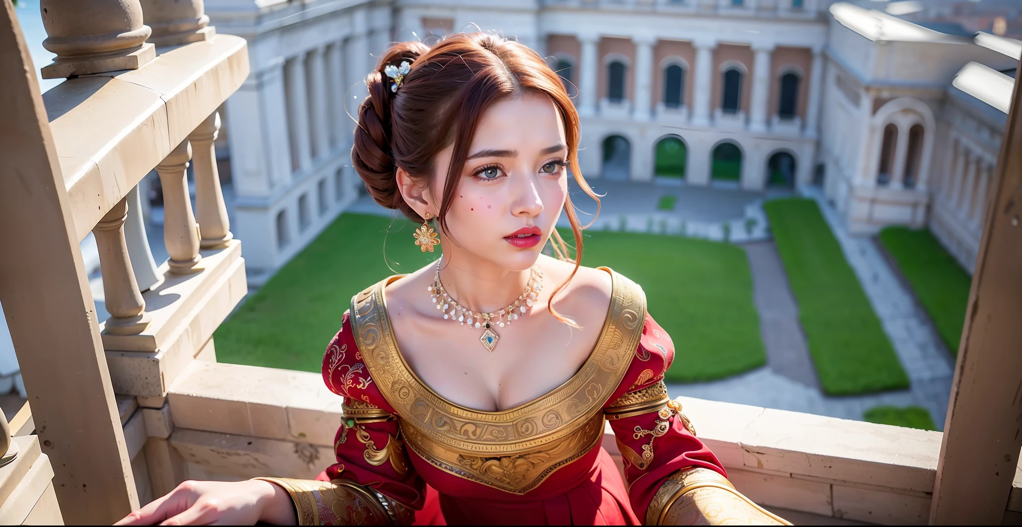 4k Resolution,RAW photo, Masterpiece,Rome Girl :1.5, (Beautiful eyes,red colour lips,Rough skin,Royal Hairstyle, Jewelry,Ancient 16 Century Dress,High Detailed),(full body View):2.5,Portrait Post,,,,She look outside from Window,(Rome Palace,Royal, Golden, Carved,) Ancient, Cenimatic Lighting,Drone View (Landscape Micro Focus Camera,UHD),16k ,)))
