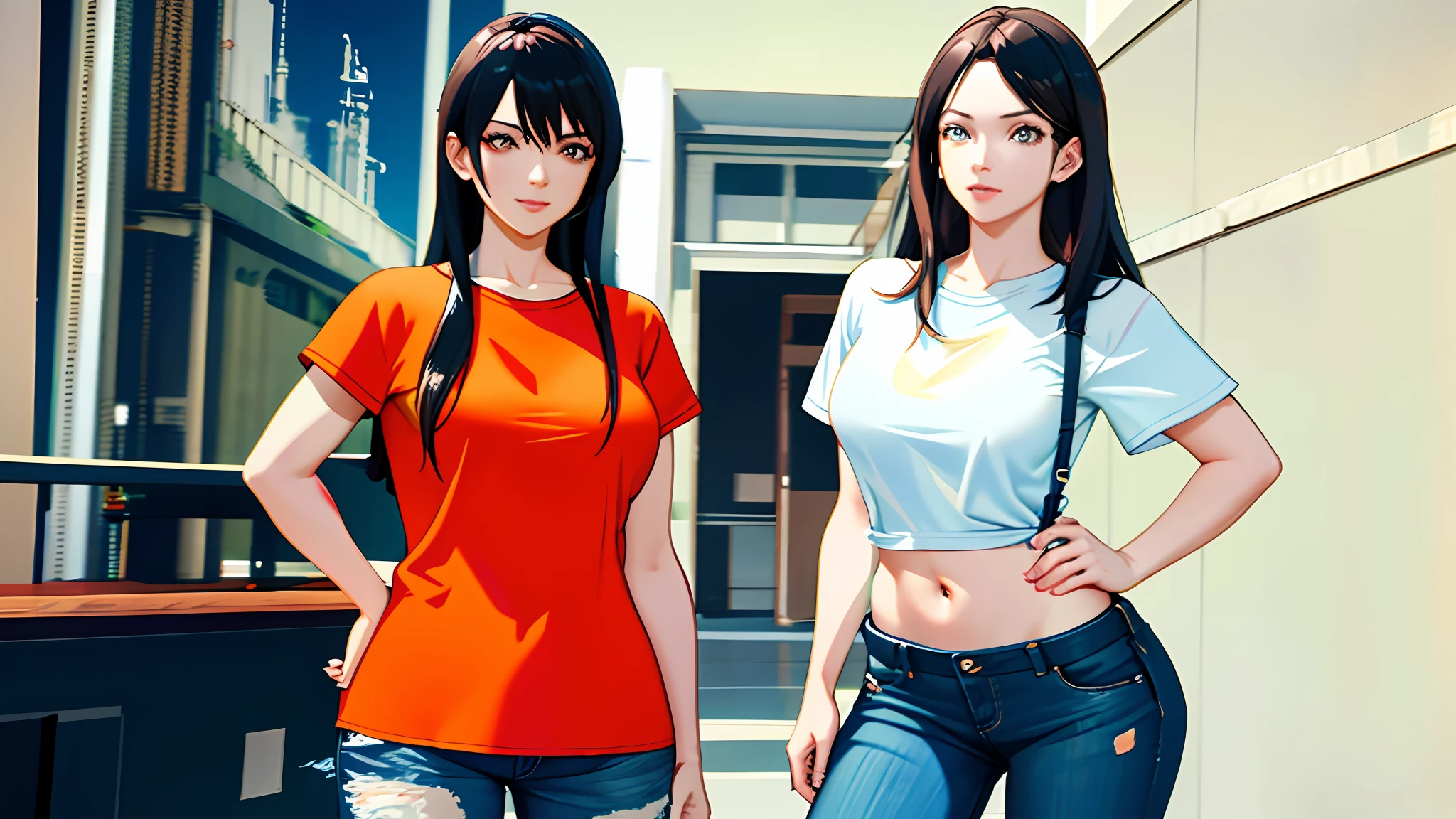 two women in orange shirts and blue jeans standing next to each other, realistic anime 3 d style, medium shot of two characters, anime styled 3d, ultradetailed, game cg, casual pose, 3 d anime realistic, anime style. 8k, style game square enix, blue jeans. unreal 5, in clothes! highly detailed, highdetailed, realistic scene