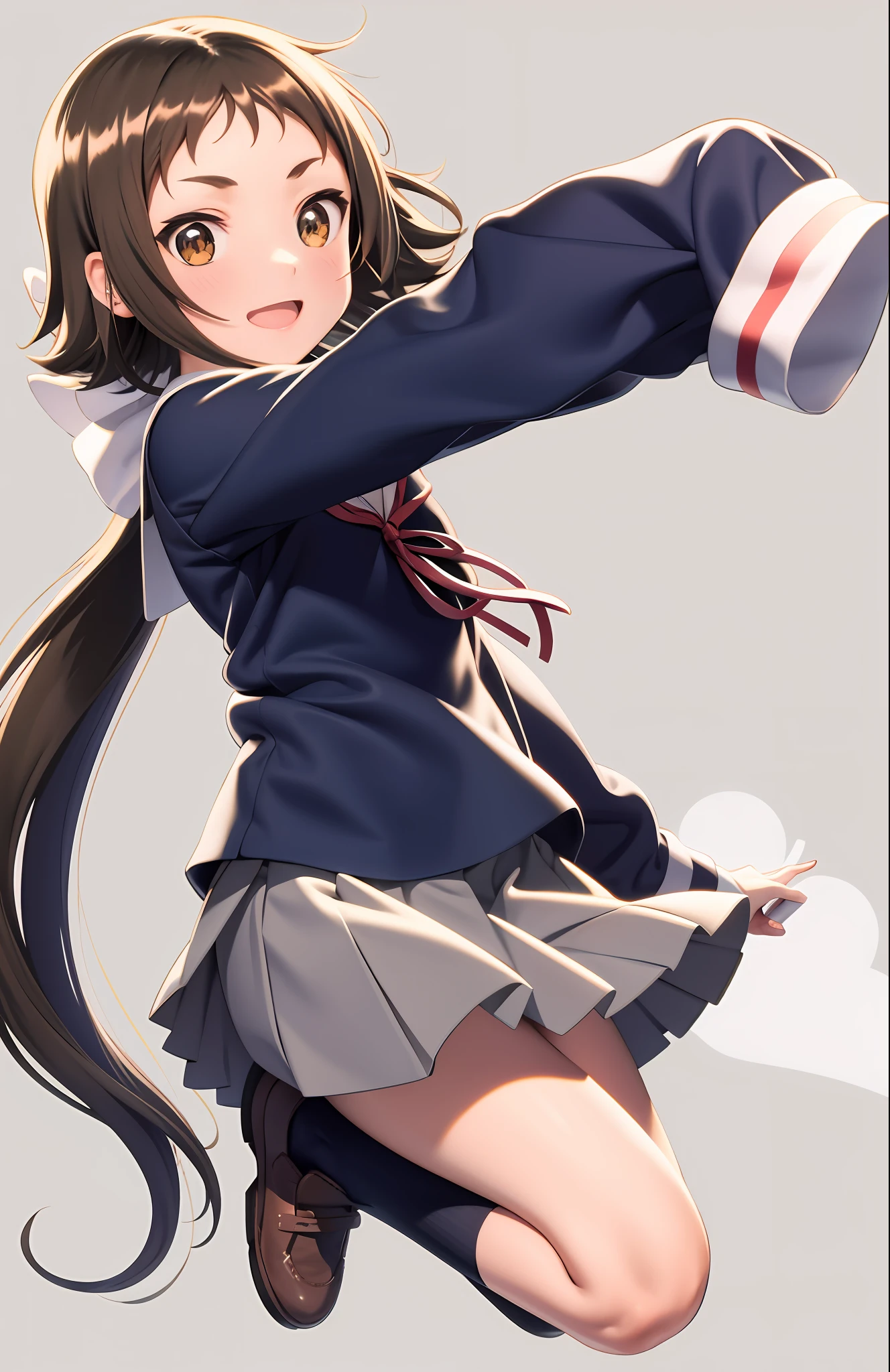 masterpiece, best quality,1girl, solo, brown hair, school uniform, jumping, long hair, skirt, open mouth, low ponytail, brown eyes, smile, shoes, outstretched arms, long sleeves, socks, :d, full body, serafuku,grey background, cute, akemi homura, pantyhose, black hair, ribbon, hair ribbon, magical girl,(kbxll:0.6)