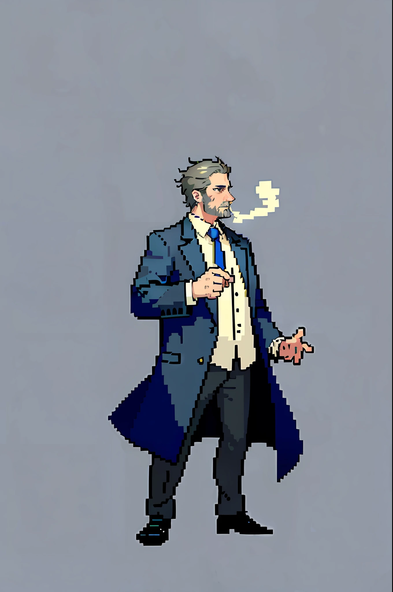 (masterpiece, top quality, best quality), pixel, pixel art, 1boy, full body, mature man, overcoat, detective, 40-year-old man, gray, smoking cigarette
