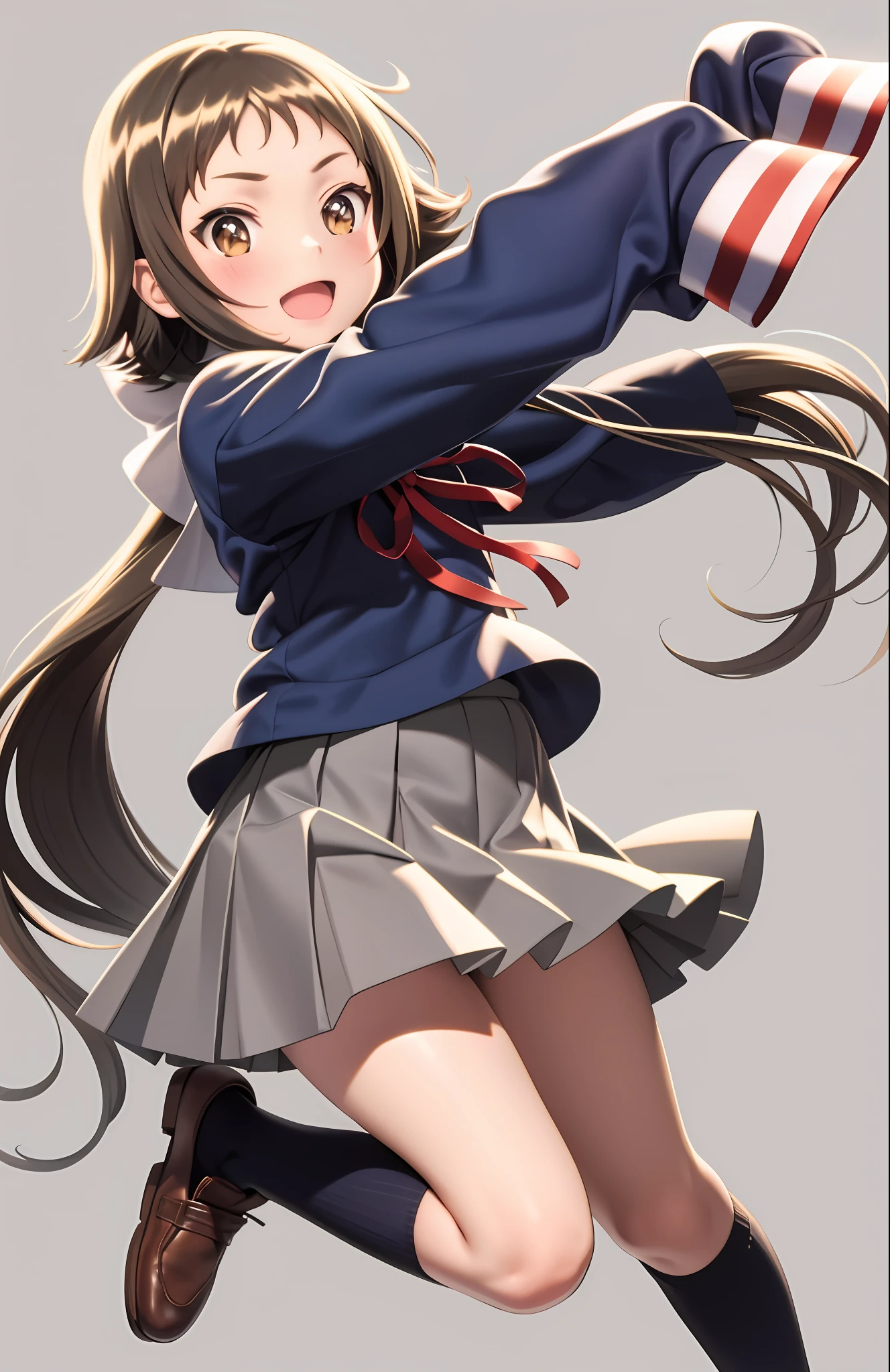 masterpiece, best quality,1girl, solo, brown hair, school uniform, jumping, long hair, skirt, open mouth, low ponytail, brown eyes, smile, shoes, outstretched arms, long sleeves, socks, :d, full body, serafuku,grey background, cute, akemi homura, pantyhose, black hair, ribbon, hair ribbon, magical girl,(kbxll:0.6)