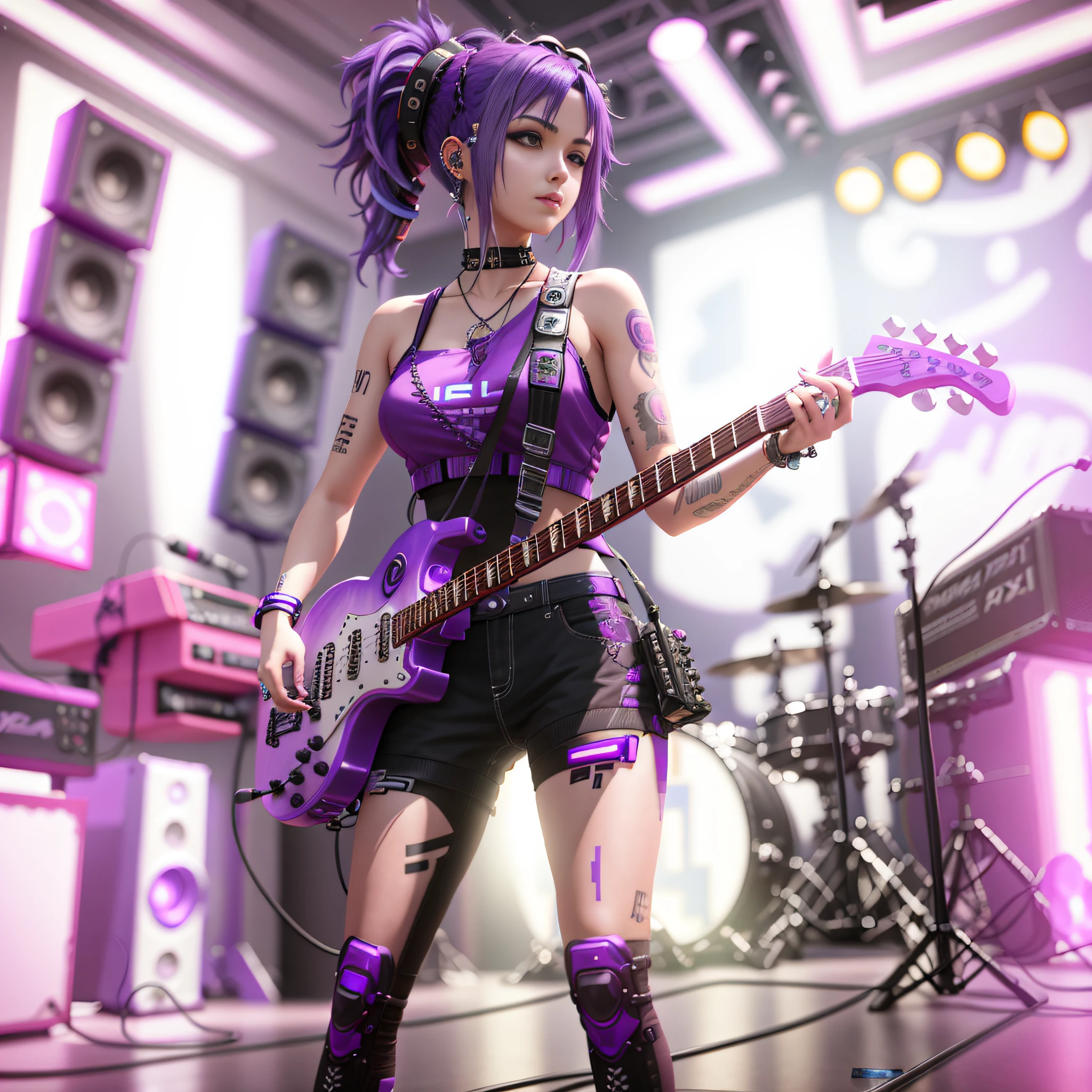 Alafi girl with purple hair and pierced guitar, playing guitar on stage, solo performance Unreal Engine, CG artist, realistic anime girl rendering, Octane CGSOCIETY, guitar concept art, 3d rendered character art 8 K, female cyberpunk anime girl, guitarist, game CG, fantasy rock girl, surreal cyberpunk style, Unreal engine character art, colorful backgrounds