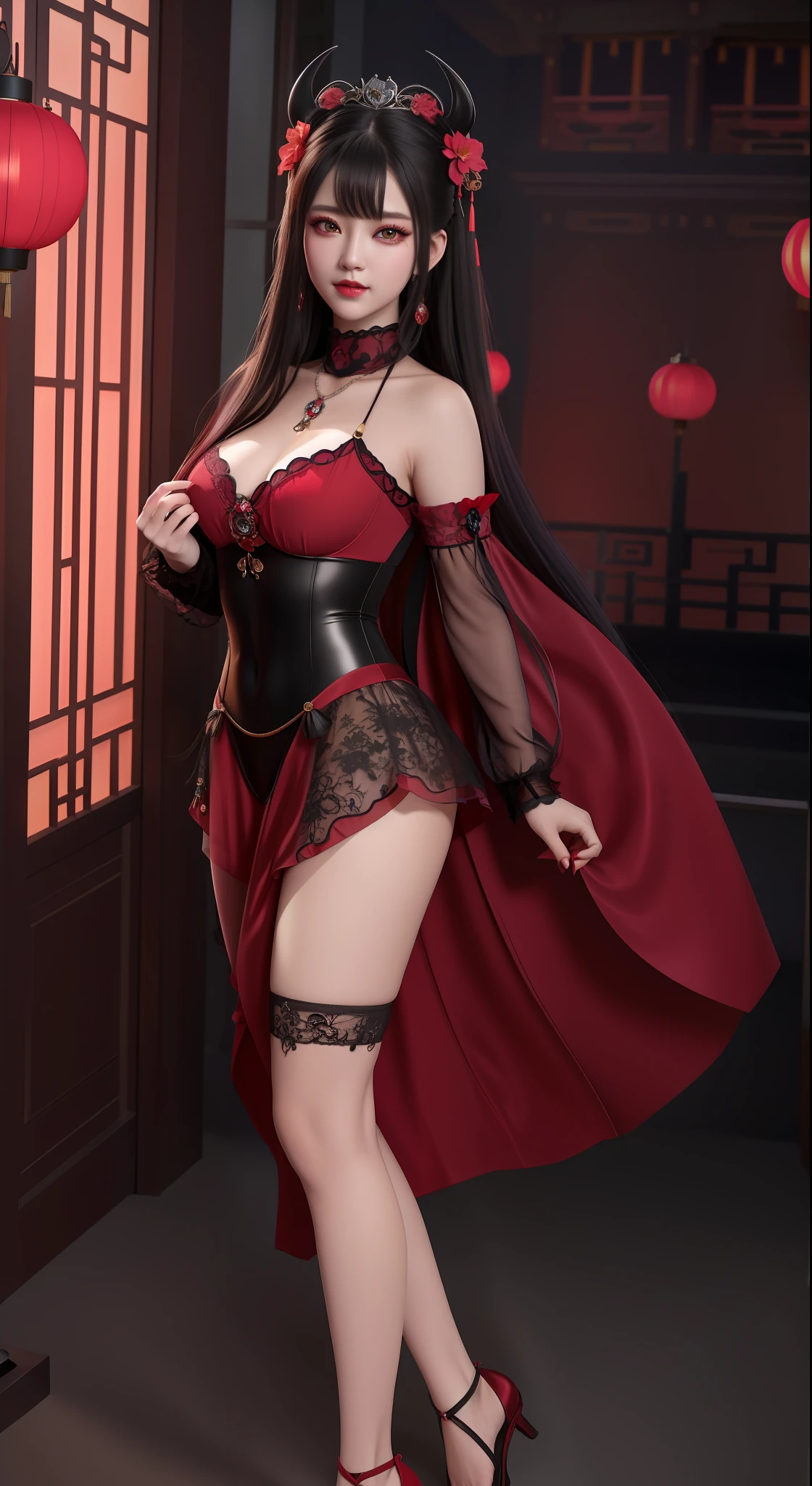 best quality, masterpiece, highres, 1girl, hanfu, white and even teeth, red irises, chinese underwear, hair ornaments, necklace, jewelry, crown jewelry. Pretty face, full body, magic import style, tyndall effect, photo realistic, dark studio, border light, two tone light, (high detail skin: 1.2), 8k uhd, dslr , soft light, high quality, volumetric light, candid, Photo , high resolution, 4k, 8k, Bokeh, (light pink lips), 1 beautiful demon from hell, In the Dark: 1.6), surreal full body of women by David Hockney and Alphonse Mucha, fantasy art, photorealism, dynamic lighting, station art, posters, volumetric lighting, highly detailed faces , super 8k, Awarded, in the dark, deep shadow, low light, cowboy lens, (Red phoenix shirt: 1.4), long hair, black hair, bust, luxury palace, Royal style family, devil's crown, red eyes with very sharp and detailed makeup, Best face, Very round and tight breasts, Surreal, chinese women's clothing, turtleneck polo lace top, charming smile, Beautiful eye makeup, guweiz, devil style, black lace stockings, mesh stockings with hooks on underwear, ponytail with a bow at the back, dark red lips, Devil tattoo on shoulder, wearing a nightgown thin lace deep slit chest red black, overcast and thunderous landscape, (full body), Close-up of main character, (Background detail 1.8), lace socks worn at the waist, moderately big butt,
