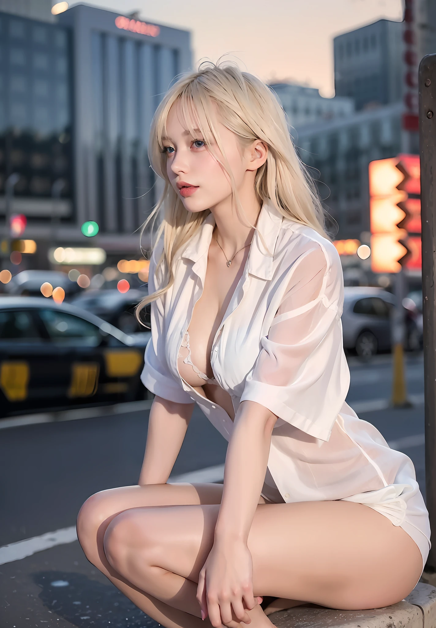 (Top Quality, Masterpiece 1.2), (Detailed Eyes: 1.2), Intricate Details, Depth of Field, 1 Girl, Cute, y, Medium, Slender, Platinum Blonde, Blue Eyes, Big Mouth, Thick Lips, Squinting and Showing Teeth, Smile, Raise Arms, Full Body, City, Neon, Neon Lights, Night, Moon,