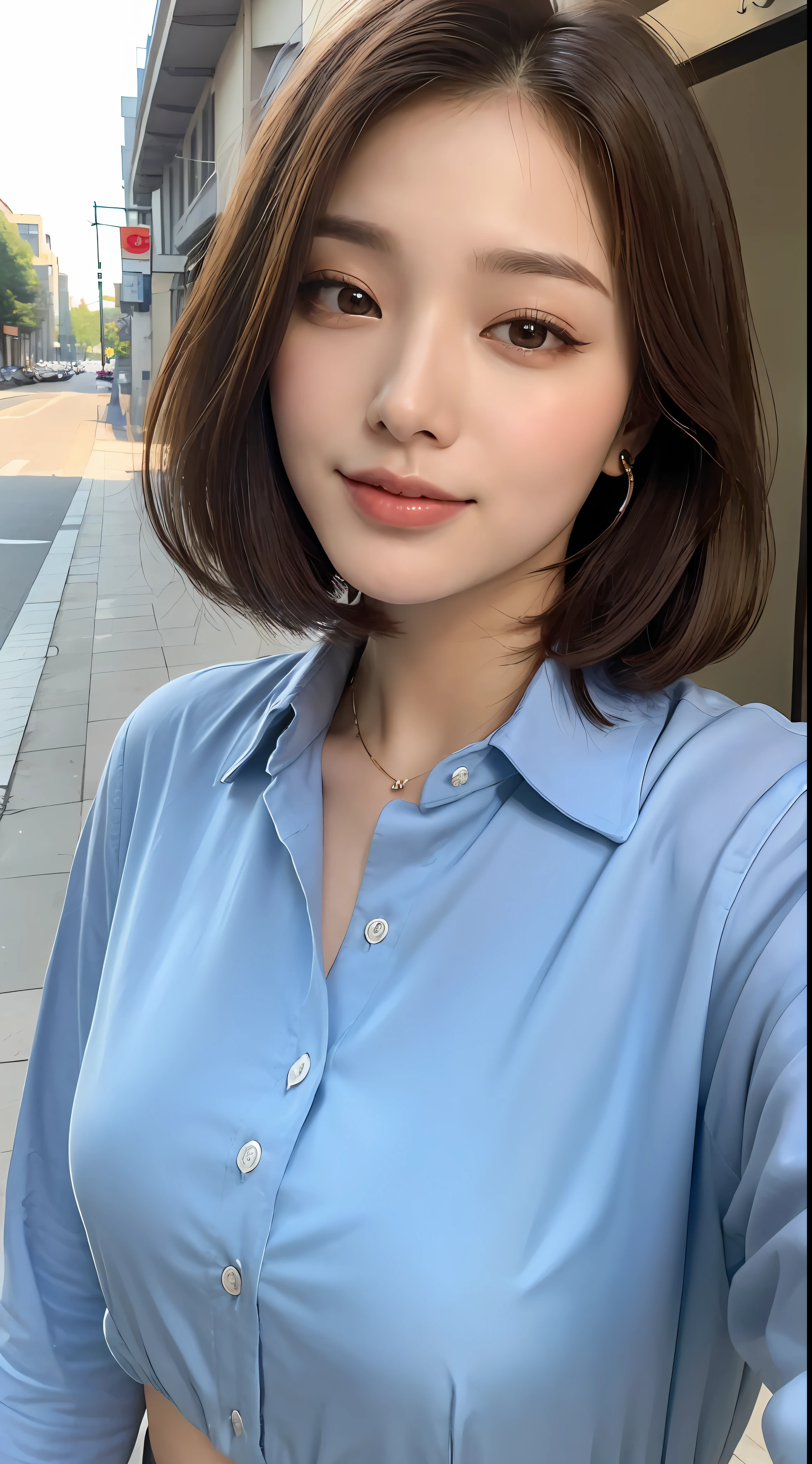 ((Top Quality, 8k, Masterpiece: 1.3)), Portrait, Crisp Focus: 1.2, Beautiful Woman in Perfect Style: 1.4, Smile, Slender Abs: 1.2, (Dark Brown Hair, Big: 0.9), Bob Cut, Long Shirt (White Button Up: 1.2), Street: 1.2, Highly Detailed Face and Skin Texture, Detailed Eyes, Double Eyelids