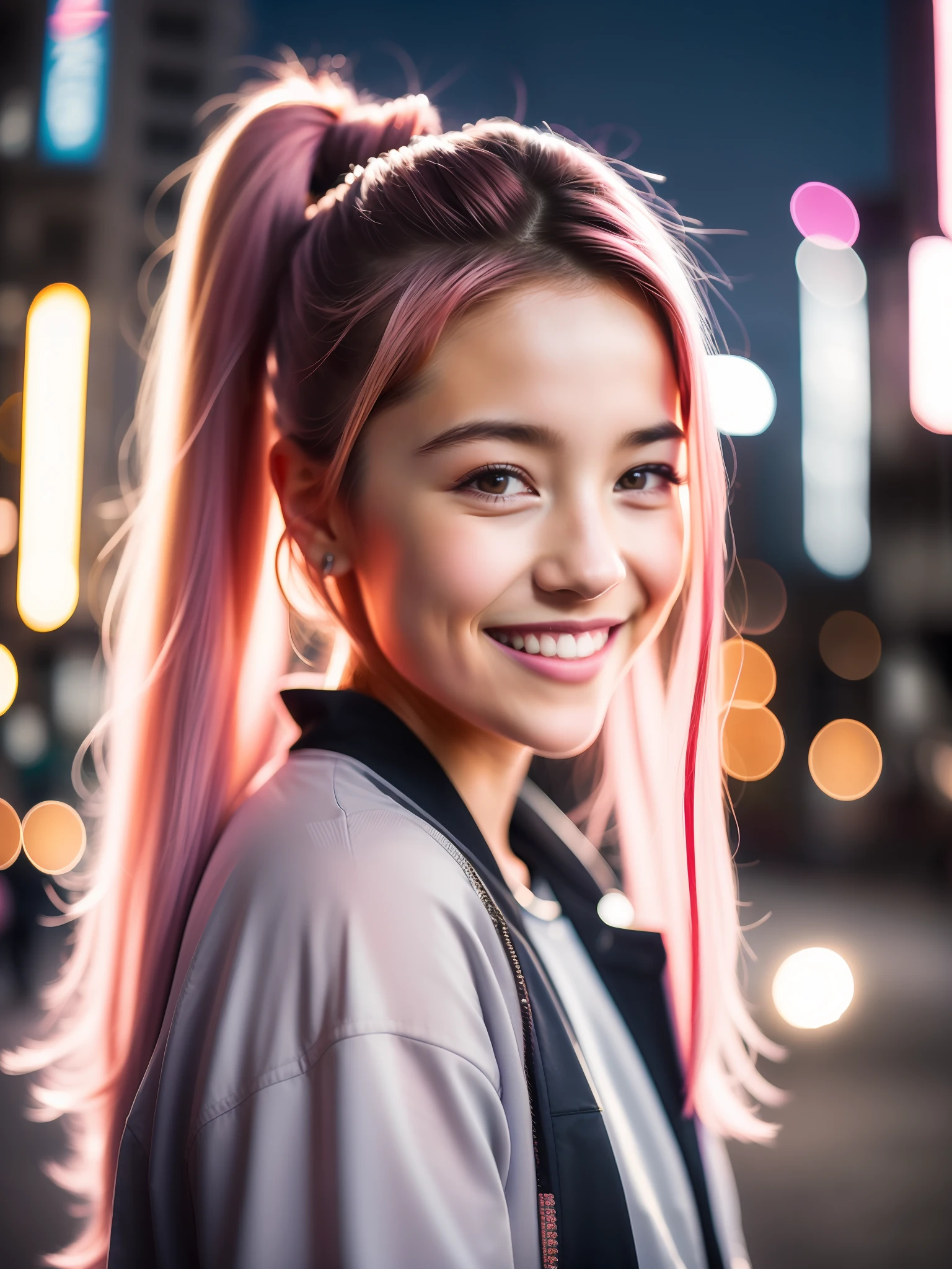 Portrait photo of a young girl, (laughing:0.7), pink ponytails hair, complex city background, backlit, (cinematic:1.5), epic realistic, hyperdetailed, insane details, intricate details, accent lighting, soft volumetric light, bokeh, (dramatic light:1.2), (neutral colors:1.3), cross process