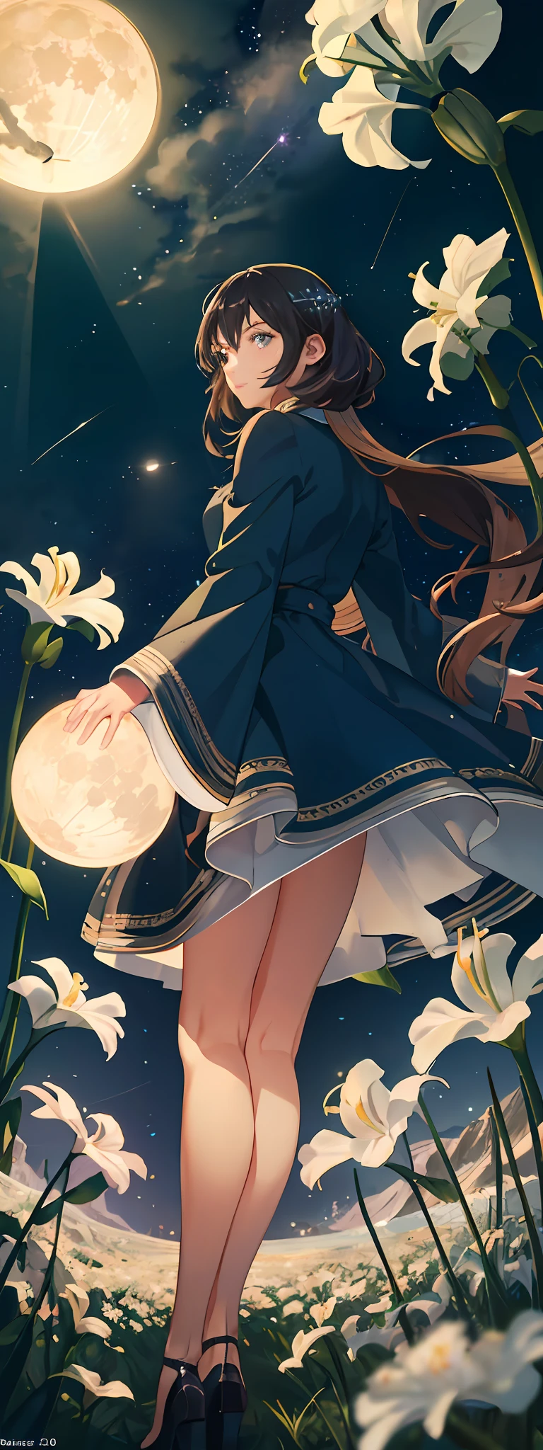 expansive landscape photography, (a view from below that shows the sky above, and the field of white lilies below), a girl with white skin, dark blond hair, olive green eyes looking forward, in an olive green dress standing in a field of white lilies, black-haired man on his back looking at the moon,  (full moon: 1.2), (shooting stars: 0.9), (nebula: 1.3), distant mountain, tree BREAK production art, (hot light source: 1.2), (Firefly: 1.2), lamp, very purple and red, complex details, volumetric lighting, realism BREAK (masterpiece: 1.2), (best quality), 4k, ultra-detailed, (dynamic composition: 1.4), highly detailed, colorful details, (iridescent colors: 1.2), (bright lighting, atmospheric lighting), dreamer, magician,  (soil: 1.2)