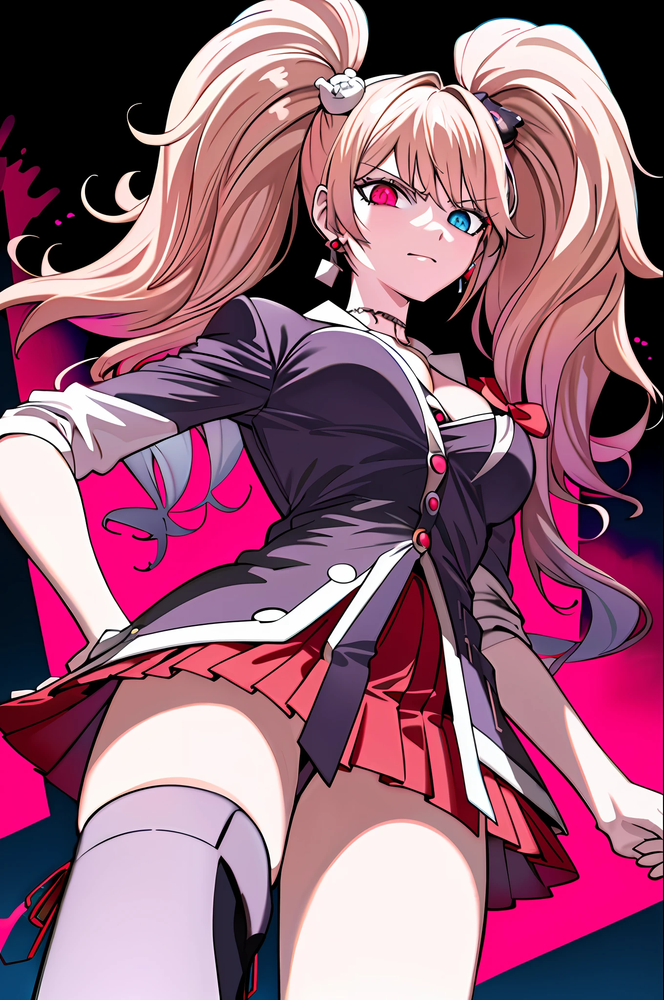 realistic, (masterpiece, top quality, best quality, official art, beautiful and aesthetic:1.2), extremely detailed,(1girl:1.3),cowboy shot,(looking at viewer),(arm crossed:1.3),from below,black background,(night:1.2),
filmg, JunkoenoshimaTopless, solo, and long, thick, bleached strawberry-blonde hair tied in two twin pigtails, (heterochromia light blue and red eyes:1.2), 1girl, jewelry, standing, earrings, necklace, armor, tattoo, wearing gold cardigan over a yellow dress shirt, with both left open to the third button to expose the top of her black-and-red bra, a red pleated miniskirt that is cut extremely short, and mid-sized gold and black boots with platform heels and red laces, twin bear hair clips that are based on Monokuma, standing
