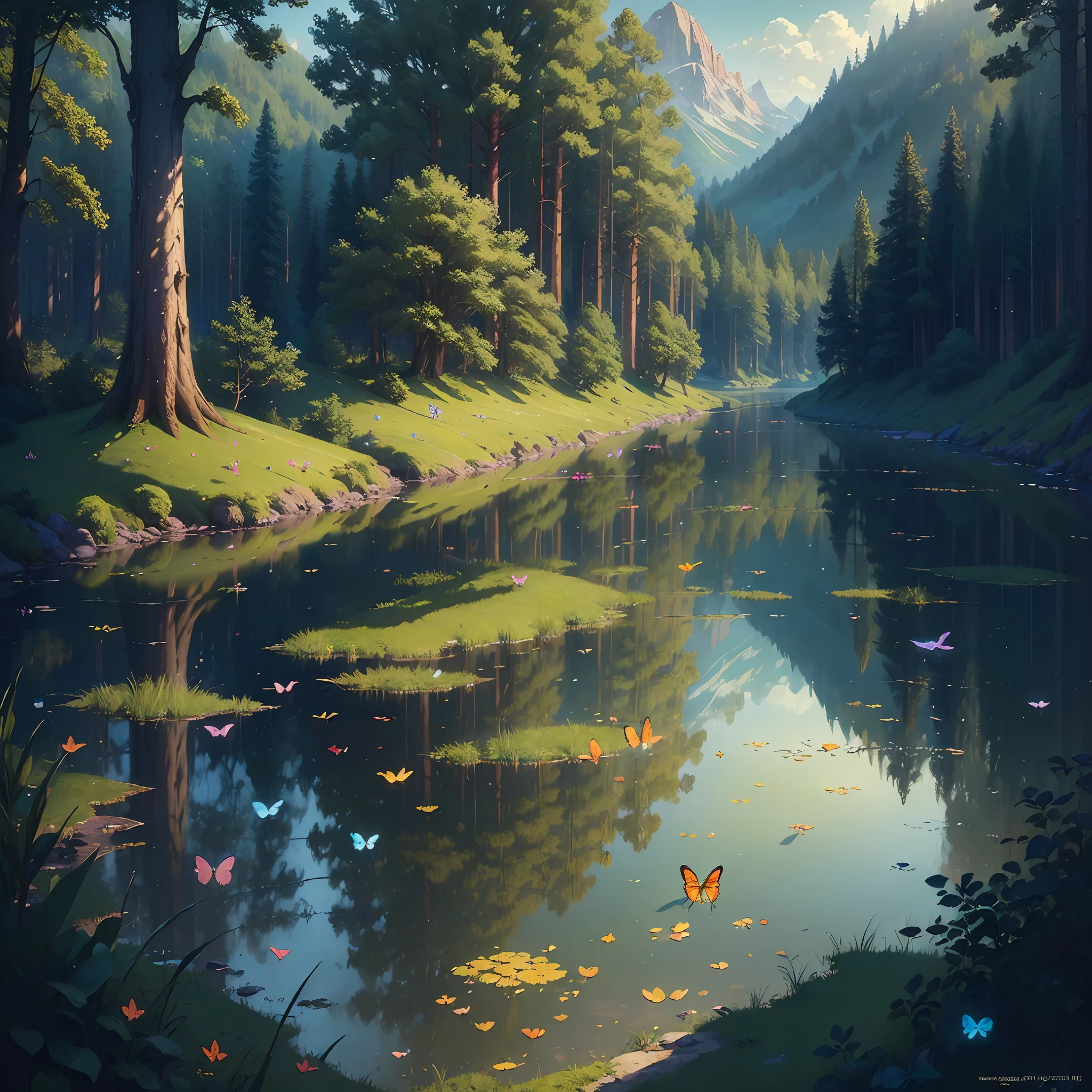 ((best quality:1.2)), ((masterpiece:1.4)), ((realistic:1.3)), ((beautiful artwork:1.1)), Amazing and well-lit landscape, forest filled with colorful butterflies, tranquil lake reflecting the surroundings, expertly crafted shadows, rich in natural elements, enhanced with mesmerizing particle effects, by {Greg Rutkowski}, on eye level, scenic, masterpiece.