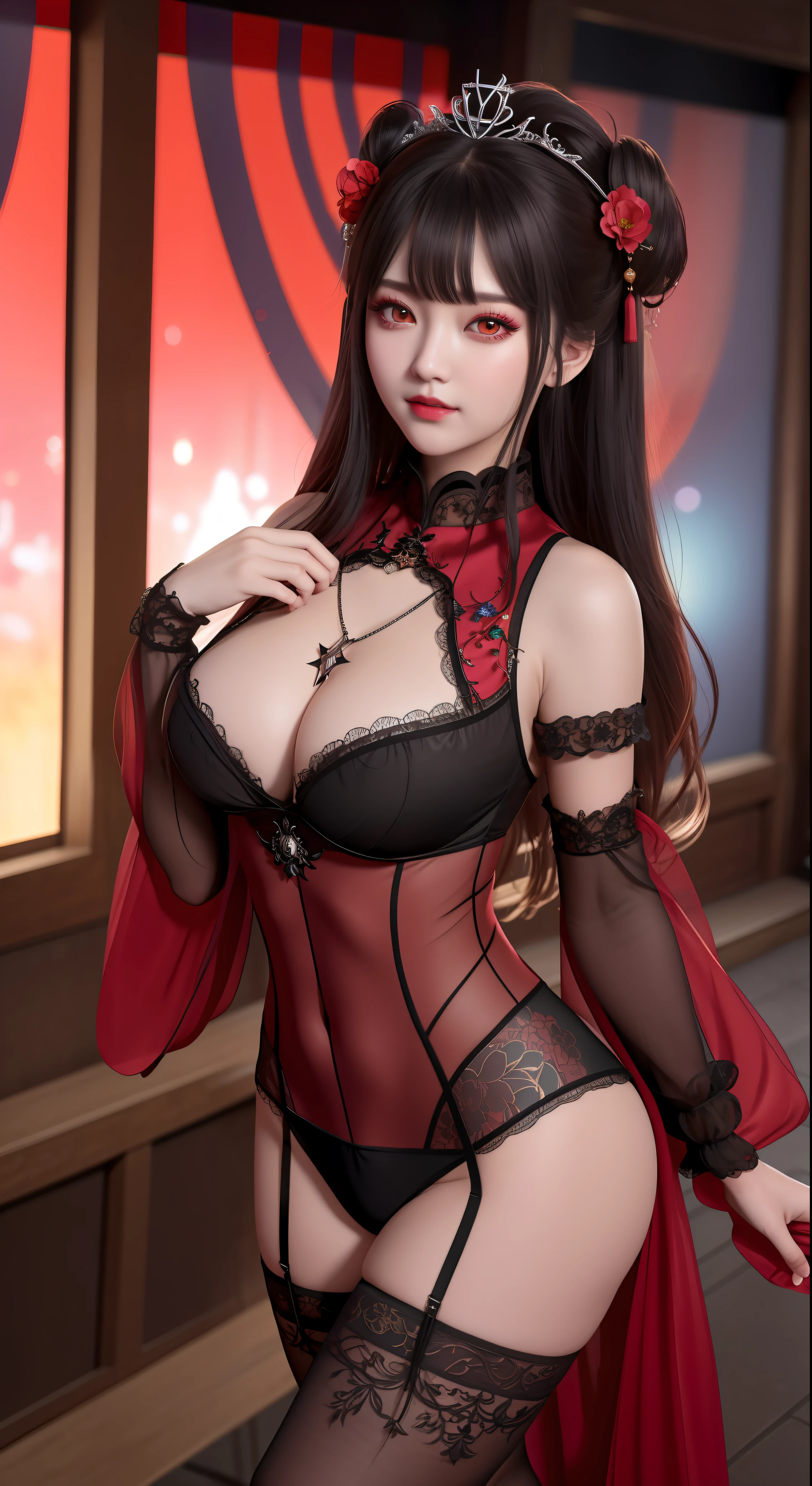 best quality, masterpiece, highres, 1girl, hanfu, white and even teeth, red irises, chinese underwear, hair ornaments, necklace, jewelry, crown jewelry. Pretty face, full body, magic import style, tyndall effect, photo realistic, dark studio, border light, two tone light, (high detail skin: 1.2), 8k uhd, dslr , soft light, high quality, volumetric light, candid, Photo , high resolution, 4k, 8k, Bokeh, (light pink lips), 1 beautiful demon from hell, In the Dark: 1.6), surreal full body of women by David Hockney and Alphonse Mucha, fantasy art, photorealism, dynamic lighting, station art, posters, volumetric lighting, highly detailed faces , super 8k, Awarded, in the dark, deep shadow, low light, cowboy lens, (Red phoenix shirt: 1.4), long hair, black hair, bust, luxury palace, Royal style family, devil's crown, red eyes with very sharp and detailed makeup, Best face, Very round and tight breasts, Surreal, chinese women's clothing, turtleneck polo lace top, charming smile, Beautiful eye makeup, guweiz, devil style, black lace stockings, mesh stockings with hooks on underwear, ponytail with a bow at the back, dark red lips, Devil tattoo on shoulder, wearing a nightgown thin lace deep slit chest red black, overcast and thunderous landscape, (full body), Close-up of main character, (Background detail 1.8), lace socks worn at the waist, moderately big butt,