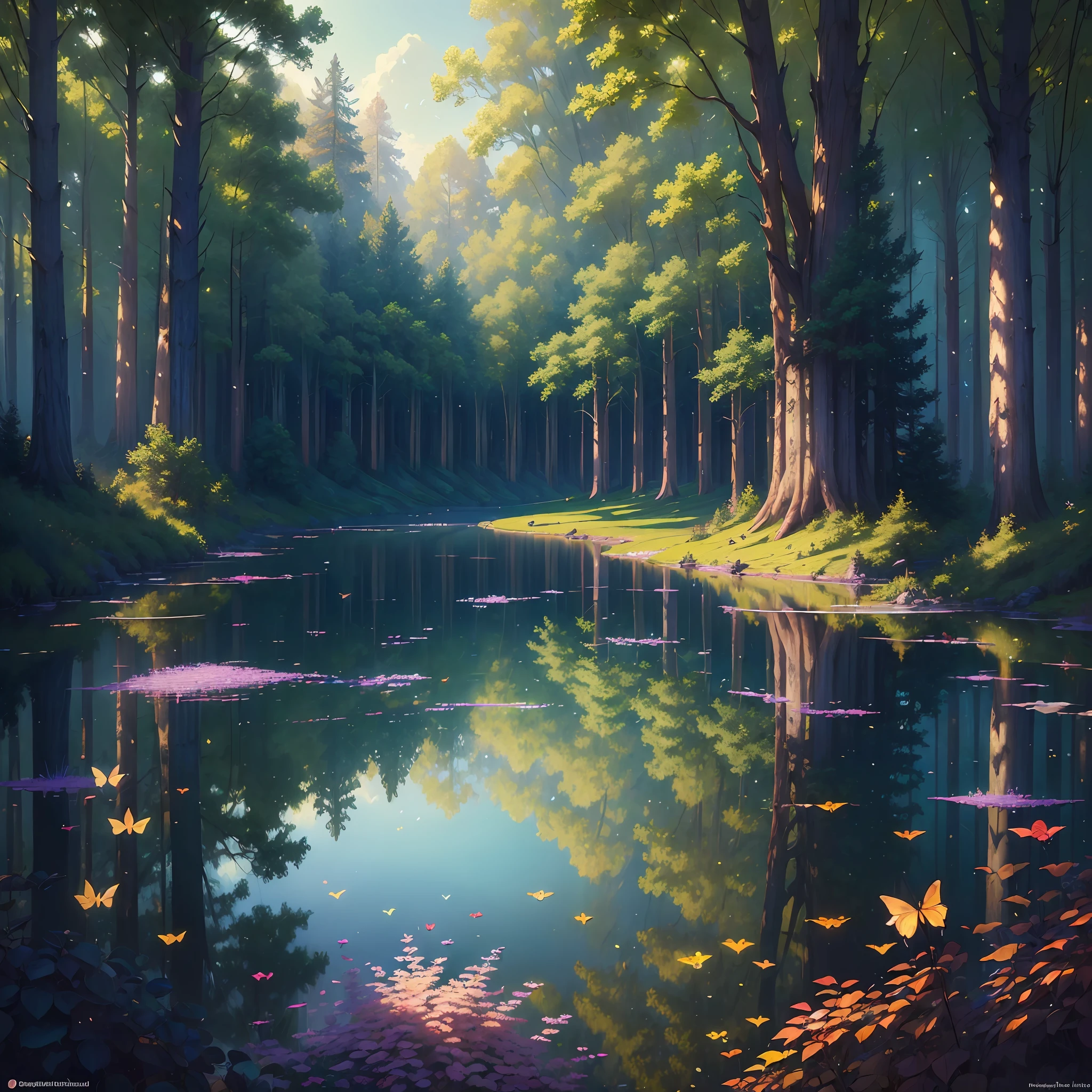 ((best quality:1.2)), ((masterpiece:1.4)), ((realistic:1.3)), ((beautiful artwork:1.1)), Amazing and well-lit landscape, forest filled with colorful butterflies, tranquil lake reflecting the surroundings, expertly crafted shadows, rich in natural elements, enhanced with mesmerizing particle effects, by {Greg Rutkowski}, on eye level, scenic, masterpiece.