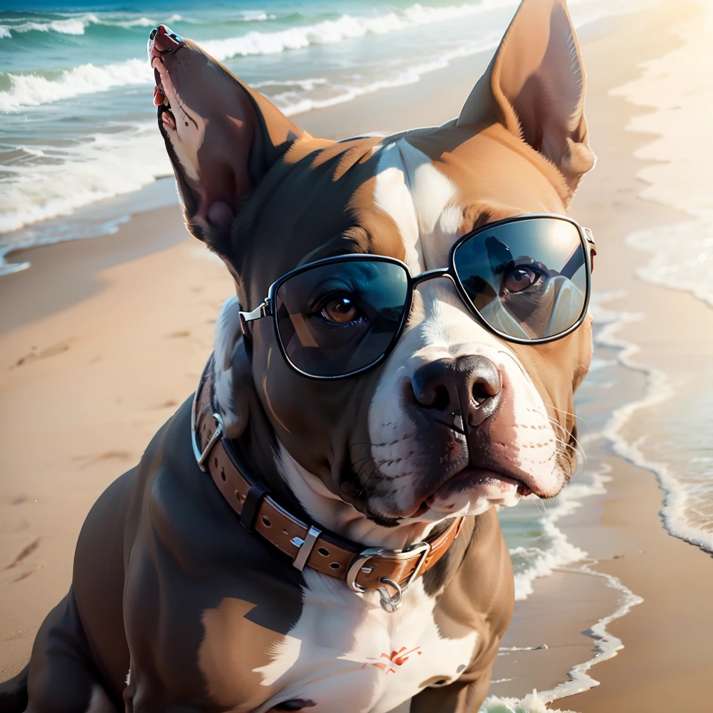A pit bull dog wearing sunglasses on a beach --auto --s2