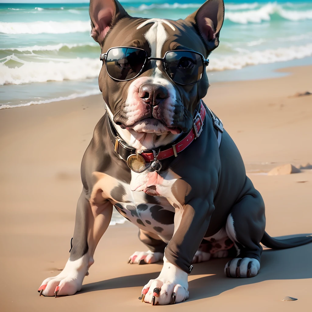 A pit bull dog wearing sunglasses on a beach --auto --s2
