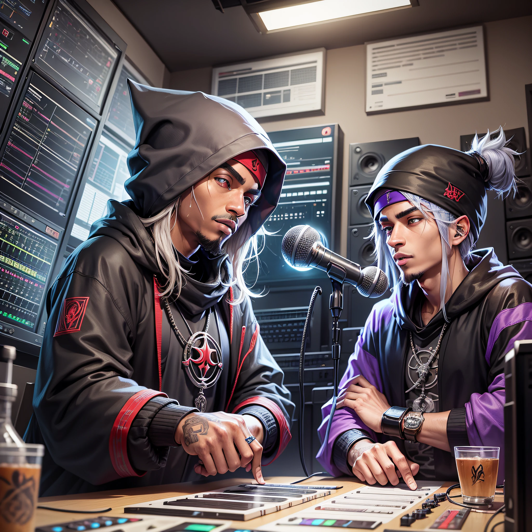 Draw the trapstar ninja and the trapstar wizard in a recording studio, working together on a new song. --auto --s2