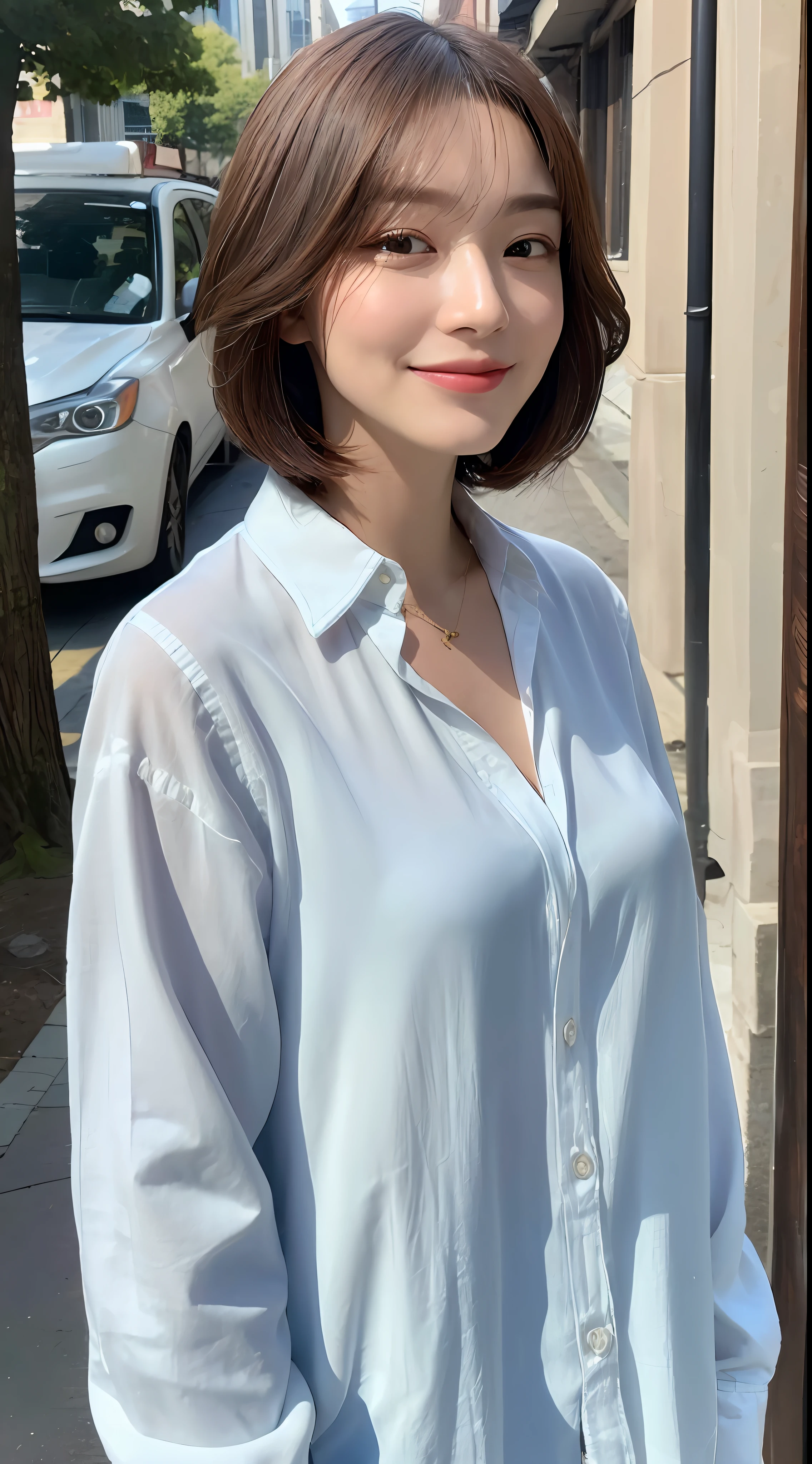 ((Top Quality, 8k, Masterpiece: 1.3)), Portrait, Crisp Focus: 1.2, Beautiful Woman in Perfect Style: 1.4, Smile, Slender Abs: 1.2, (Dark Brown Hair, Big: 0.9), Bob Cut, Long Shirt (White Button Up: 1.2), Street: 1.2, Highly Detailed Face and Skin Texture, Detailed Eyes, Double Eyelids