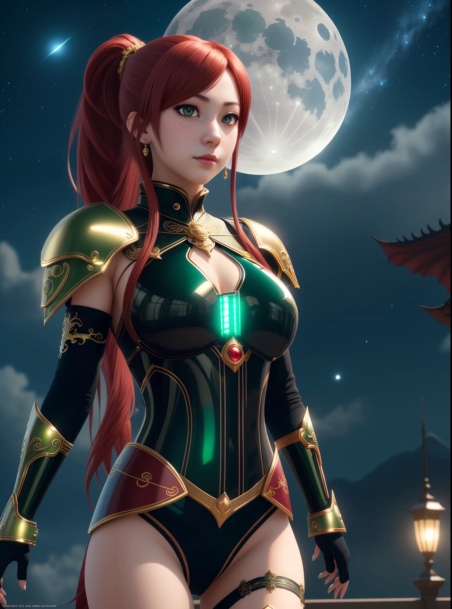 extremely detailed CG unity 8k wallpaper,masterpiece, best quality, ultra-detailed, beautiful detailed eyes,best illumination, best shadow,dragon_real, (1gril),solo,(crimson dragon:1.4),crimson hair,(crimson eyes:1.1),long hair,ponytail,Bare shoulders,(crimson cheongsam:1.2),(green jewel:1.2),earrings,bare legs,(crimson tattoos and dragon),collarbone,lips,moon,gigantic hanging breasts,black silk stockings,lace,Anime face,2.5D,8k, Beautiful facial features,starry sky,Complex decoration,Black Armor,looking at viewer,Strong lighting,light and shadow texture,texture details,