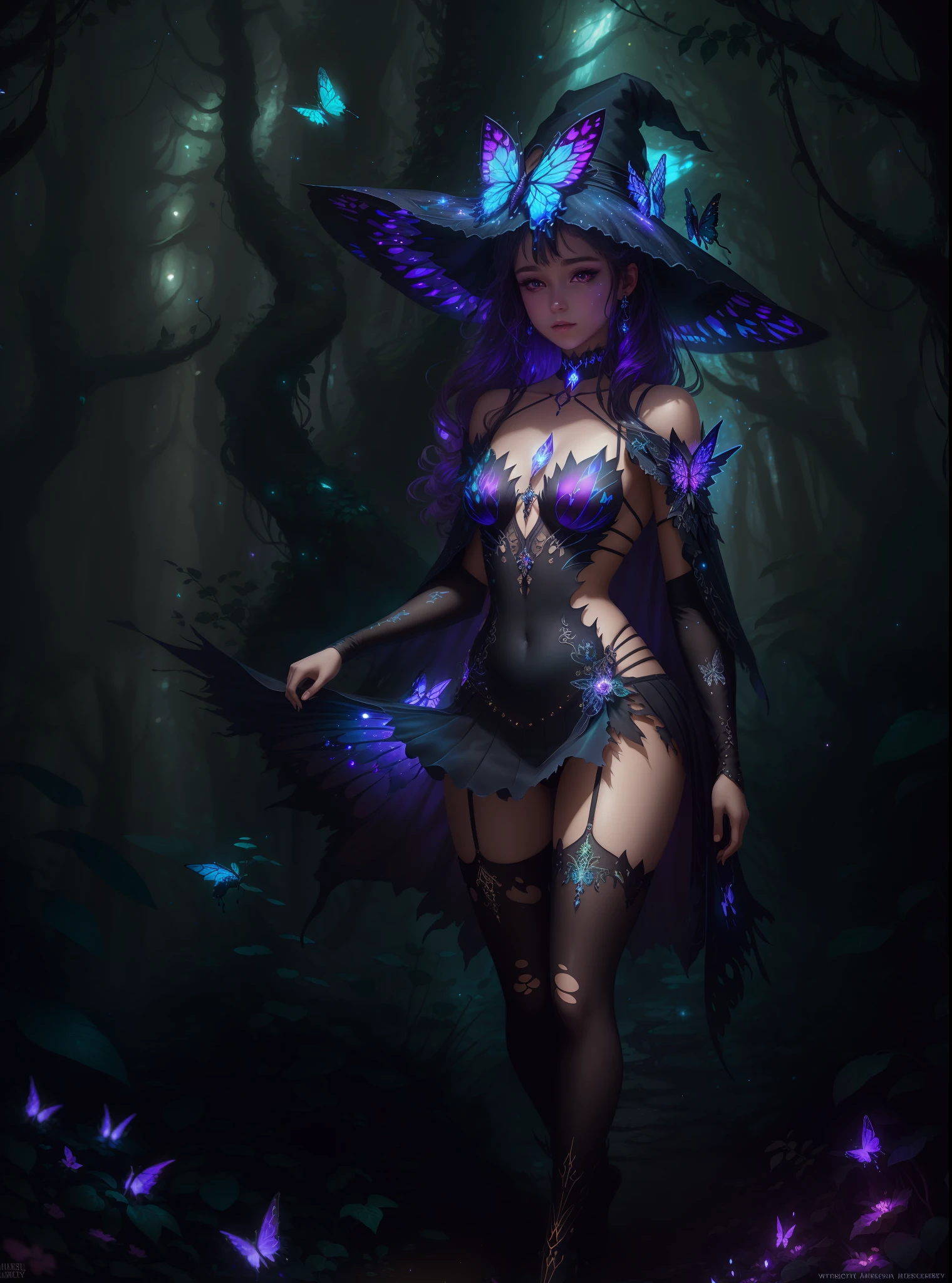 sexy full shot body photo of the most beautiful artwork in the world, illustration, cinematic light, fantasy, highres, highest quallity, ultra detailed, best quality, masterpiece, (detailed face), sexy mature woman wears a shirt and (torn) fullbody (transparent galaxy) cloths coat, floating cloth, choker, glowing (elder underworld fantasy) forest plants with neon details, open shoulders, tiny glowing butterfly, hair jewery, wearing a torn witch hat, (focus on body:1.25), night, small mutated animals in background, torn mini skirt ,a potion on hip, shoulder pads emitting magic energy, cameltoe, dark, light reflection