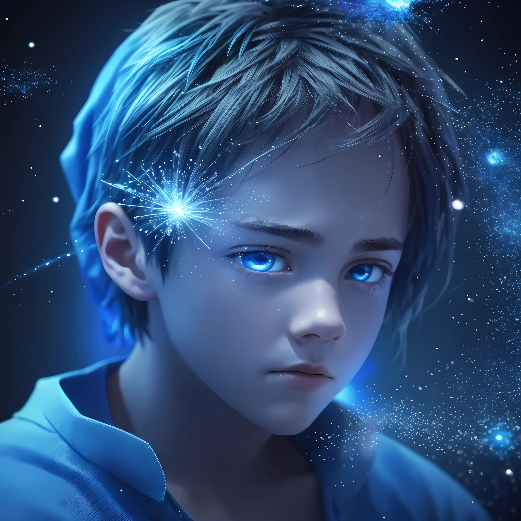 8K rendering, masterpiece, ultra realistic, ultra detailed, boy with a sad look exuding bright blue particles through the dark room --auto --s2