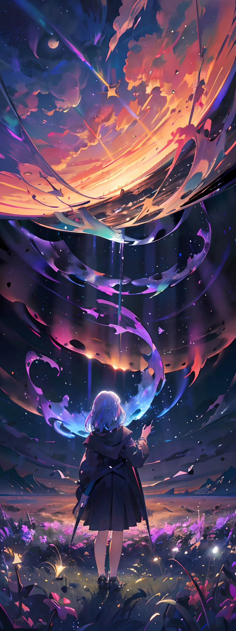 Expansive landscape photograph, (view from below with a view of the sky and wilderness below),  standing in a flower field looking up, (full moon: 1.2), (shooting star: 0.9), (nebula: 1.3), distant mountain, tree break production art, (warm light source: 1.2), (firefly: 1.2), lamp, purple and orange, intricate detail, volume lighting, realism break (masterpiece: 1.2) (Best Quality), 4K, Ultra-Detailed, (Dynamic Configuration: 1.4), Highly Detailed and Colorful Details, (Iridescent Colors: 1.2), (Glowing Lighting, Atmospheric Lighting), Dreamy, Magical, (Solo: 1.2)