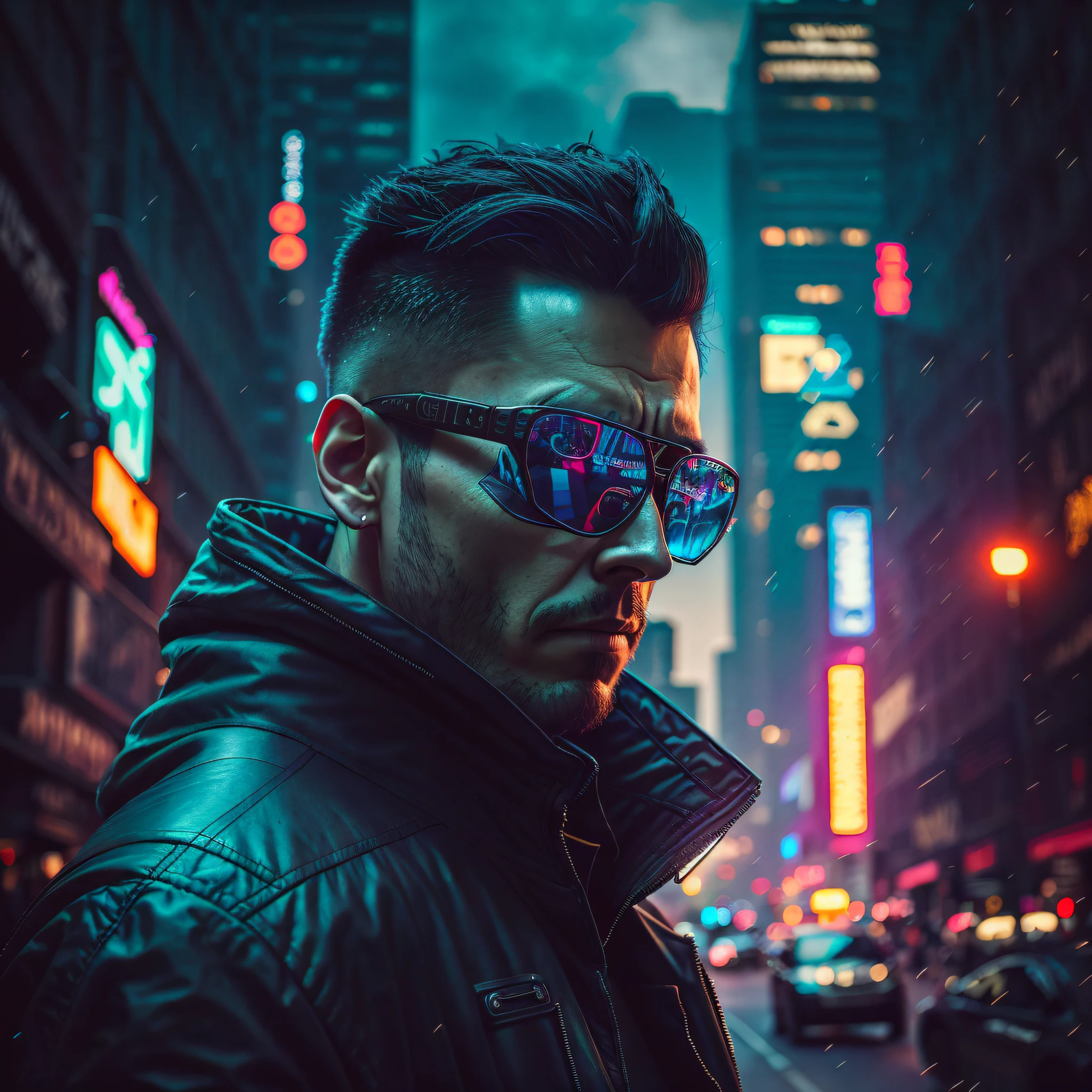 there is a man in a black jacket and sunglasses standing in the street, portrait of a cyberpunk man, hyper-realistic cyberpunk style, cyberpunk photo, cyberpunk portrait, cyberpunk street goon, cyberpunk dude, in cyberpunk style, cyberpunk style , hyperrealistic, has cyberpunk style, cyberpunk hero, cyberpunk noir, cyberpunk lut, portrait of a cyberpunk samurai