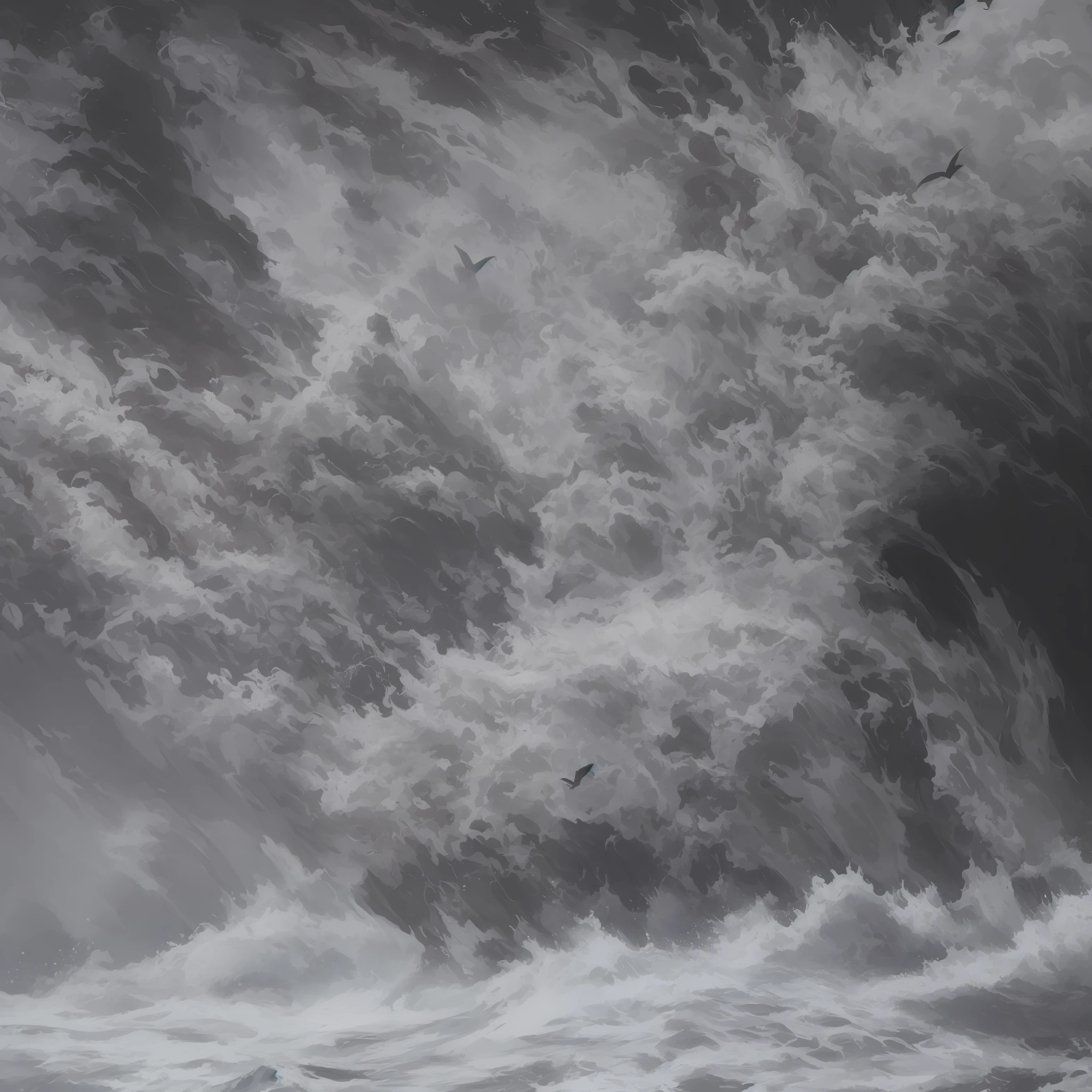 Create an artwork depicting the tension and power of nature as the storm approaches. Sketch lush trees being battered by the wind, towering waves crashing, and birds flying low, seeking shelter. Each brushstroke should convey a sense of fear, the raw force of nature, and the palpable tension in the air.