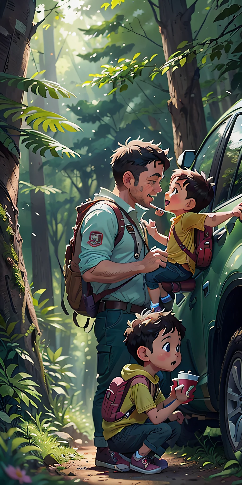 (SFW), father with child playing with car, 5 year old boy, father, spring outing, happy, backpack on back, car toy in hand, forest in background, perfect quality, clear focus, colorful, perfect face, intricate details, ultra-low viewing angle, wide angle lens