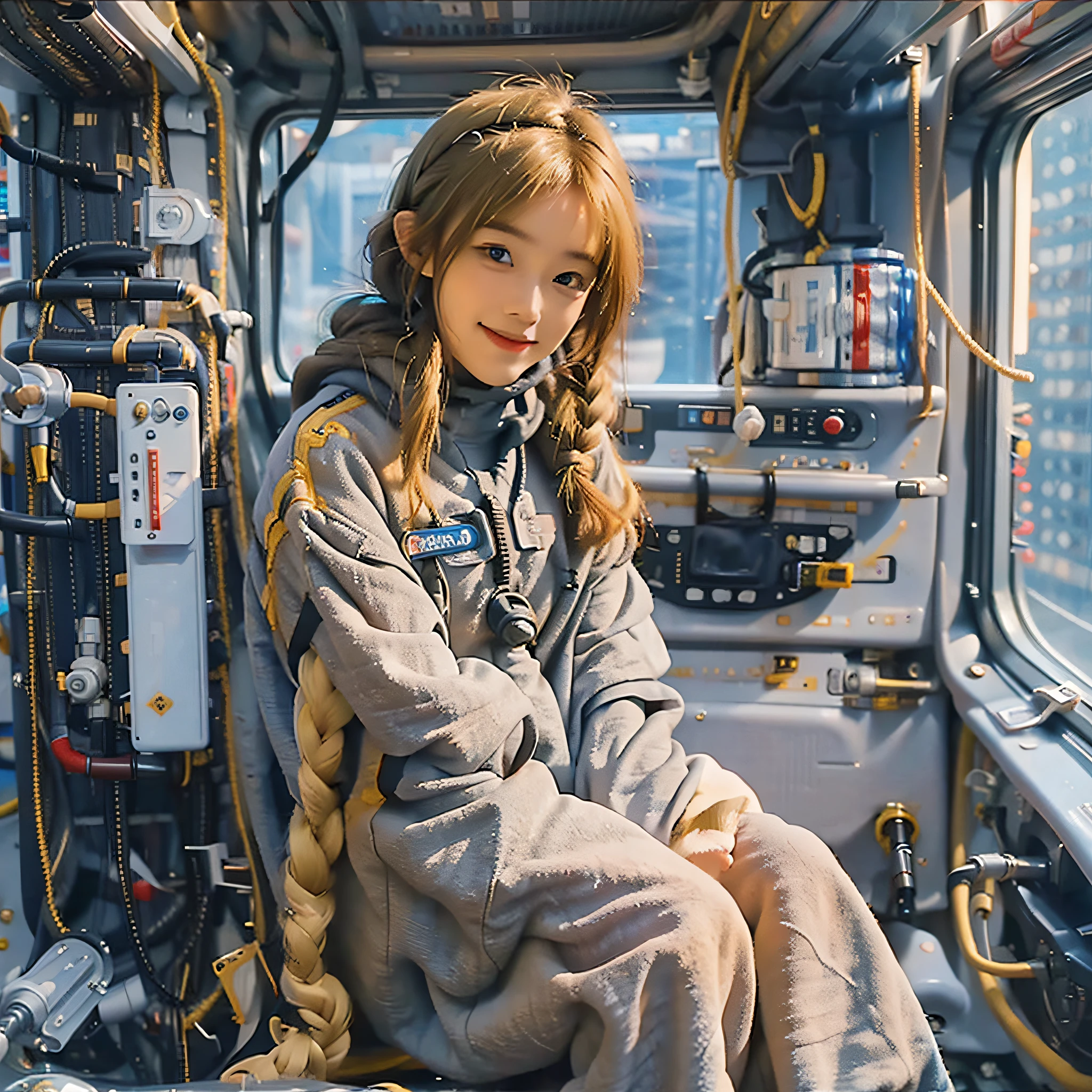 (best quality, masterpiece1.2), intricate detail, depth of field, 20 years old girl, astronaut, in space station, mars, smile, braid, blonde, full body