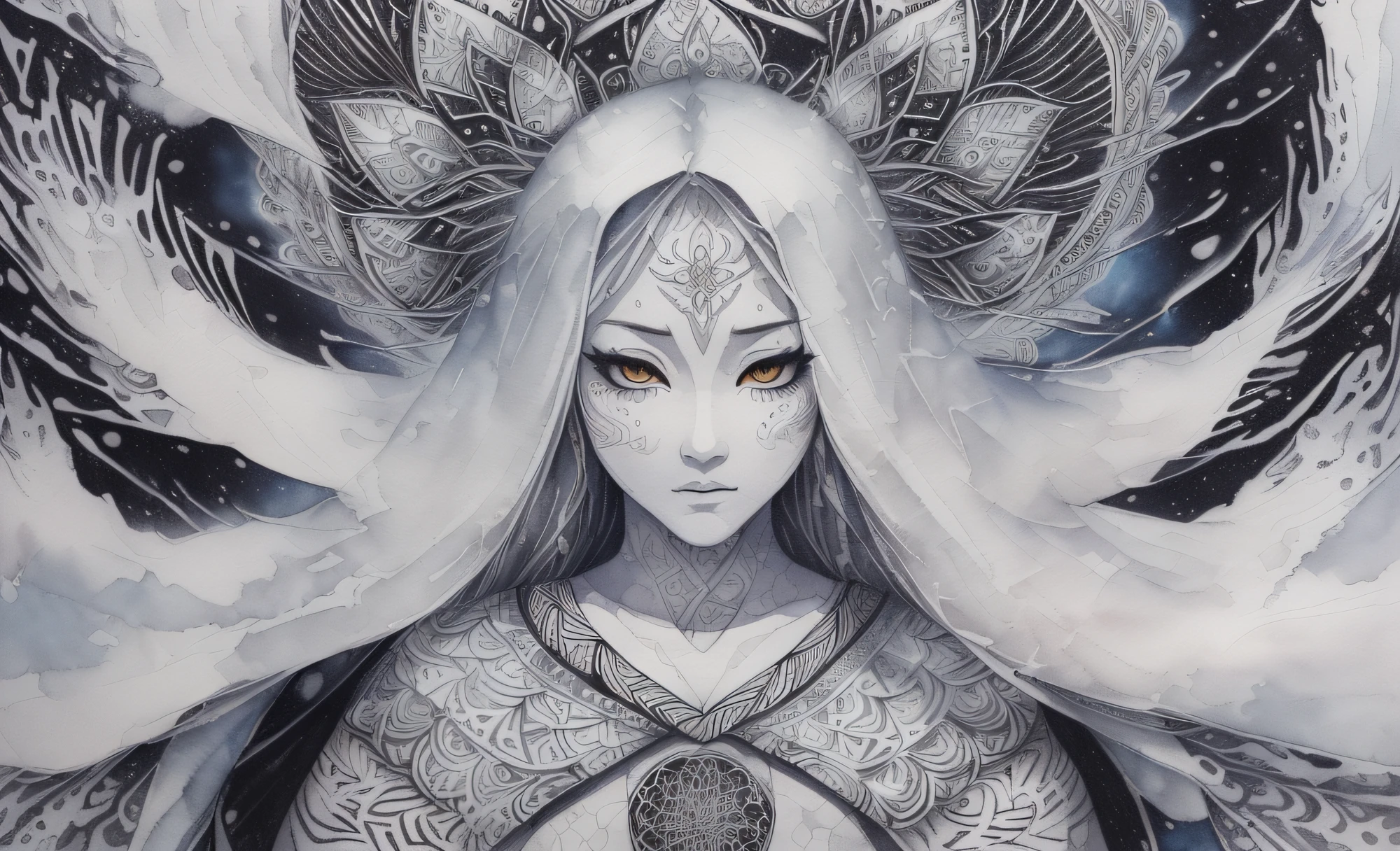 ((Snow Spirit)), ((Full Shot)), (((Intense snow and wind blow the body of the spirit)), Snow Spirit is pure white and beautiful face, looks lonely, wears (((White kimono)), skin is translucent white, (((hair is long and black)), eyes shine blue, (((Strong wind is violently shaking the long black hair of the spirit))), In the darkness only the snow spirit is illuminated and fantastic, Interweaving photorealistic and zentangle and mandala, watercolor, wet-on-wet or splatter techniques, perfect composition, abstract, surrealism, masterpiece, highest quality, ultra-detail, HDR, 8K