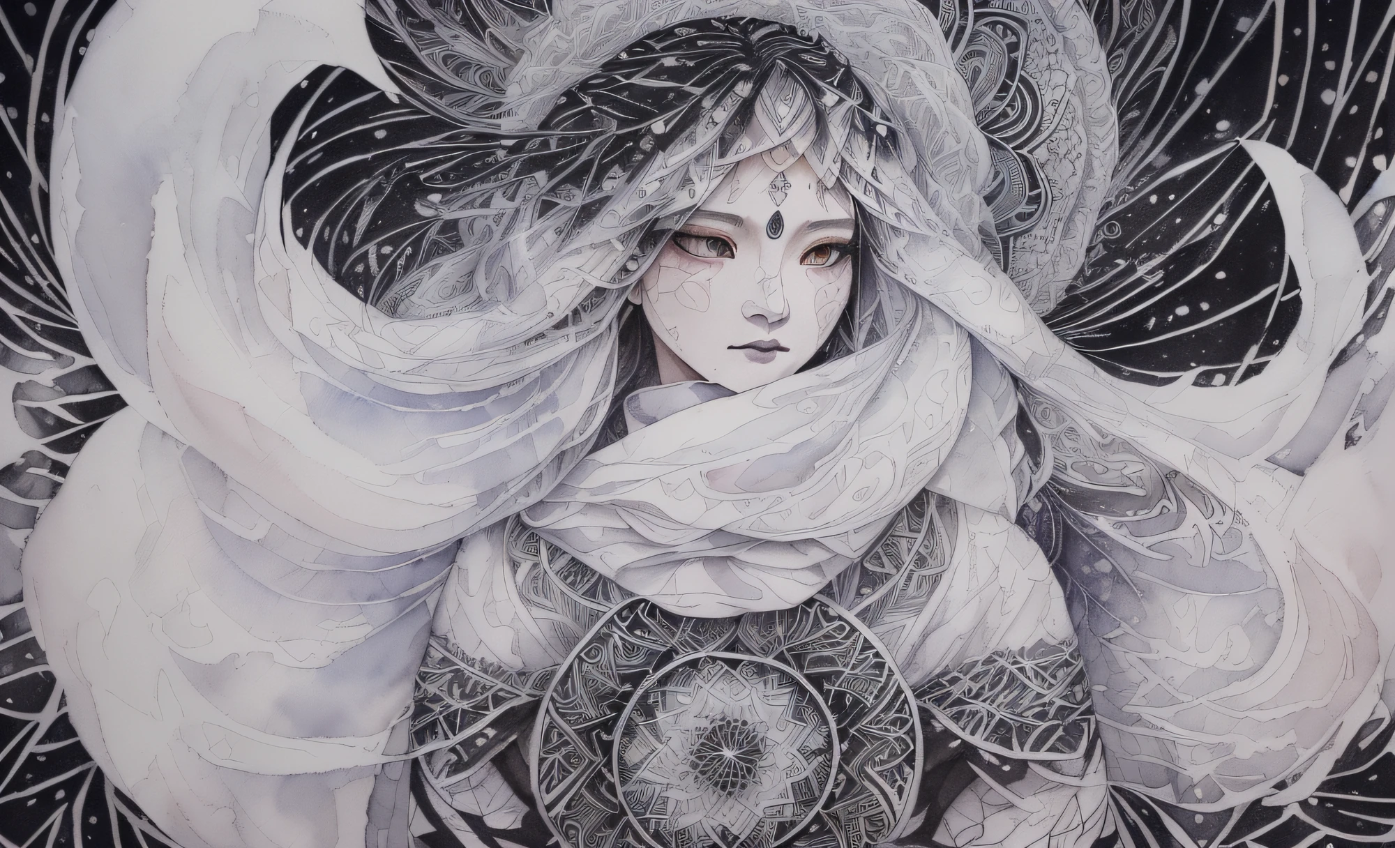 ((Snow Spirit)), ((Full Shot)), (((Intense snow and wind blow the body of the spirit)), Snow Spirit is pure white and beautiful face, looks lonely, wears (((White kimono)), skin is translucent white, (((hair is long and black)), eyes shine blue, (((Strong wind is violently shaking the long black hair of the spirit))), In the darkness only the snow spirit is illuminated and fantastic, Interweaving photorealistic and zentangle and mandala, watercolor, wet-on-wet or splatter techniques, perfect composition, abstract, surrealism, masterpiece, highest quality, ultra-detail, HDR, 8K