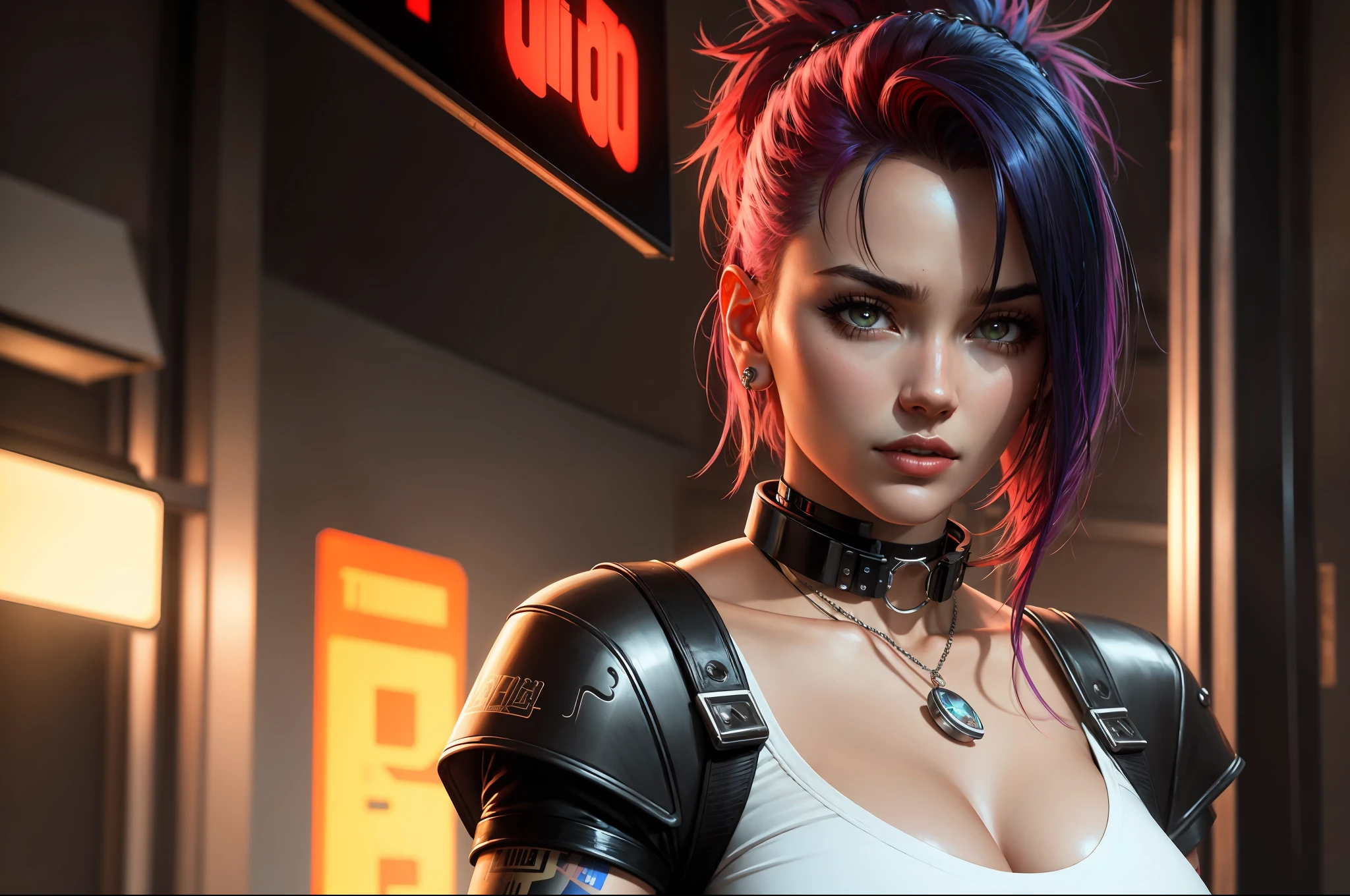 detailed realistic cyberpunk female character cyberpunk wearing steel collar around neck, realistic, art, beautiful, 4K, collar, choker, collar around neck, punk, artstation, detailed, female, woman, choker, cyberpunk, neon, punk, collar, choker, collar around neck, thick collar, choker around neck, wearing choker, wearing collar, bright neon punk hair, expressive oil painting, cinematic, dramatic lighting, trending on artstation, artgerm