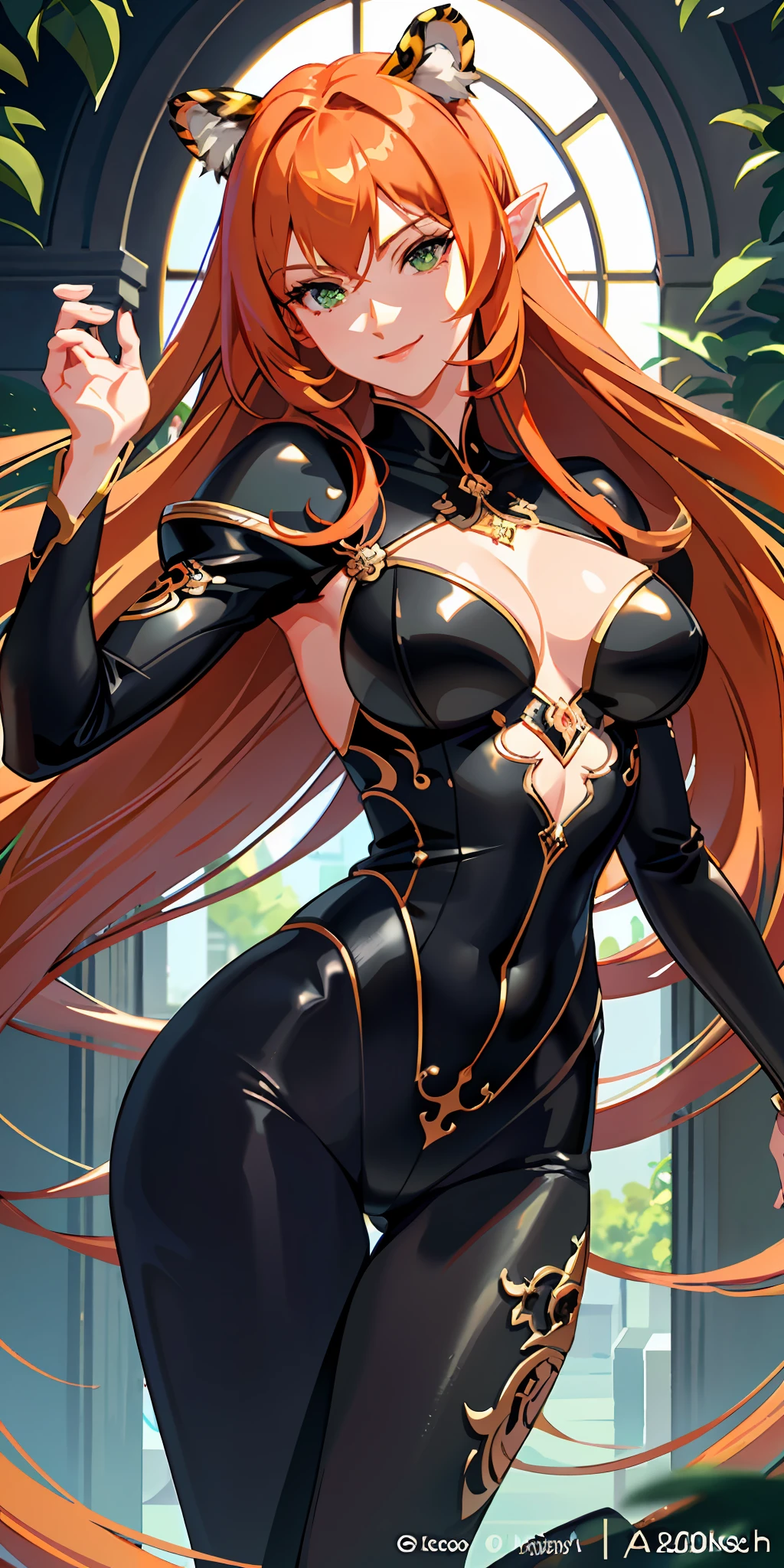 delicate and beautiful CG artwork),(best quality, ultra-detailed, high resolution),(dynamic angle, dynamic lighting),(1 character),(long black and dark orange hair), green eyes, beautiful face), tiger, big muscles, 1 girl, (long sideburns), orange ears with black tips, plants, smile, black clothes, 3 d