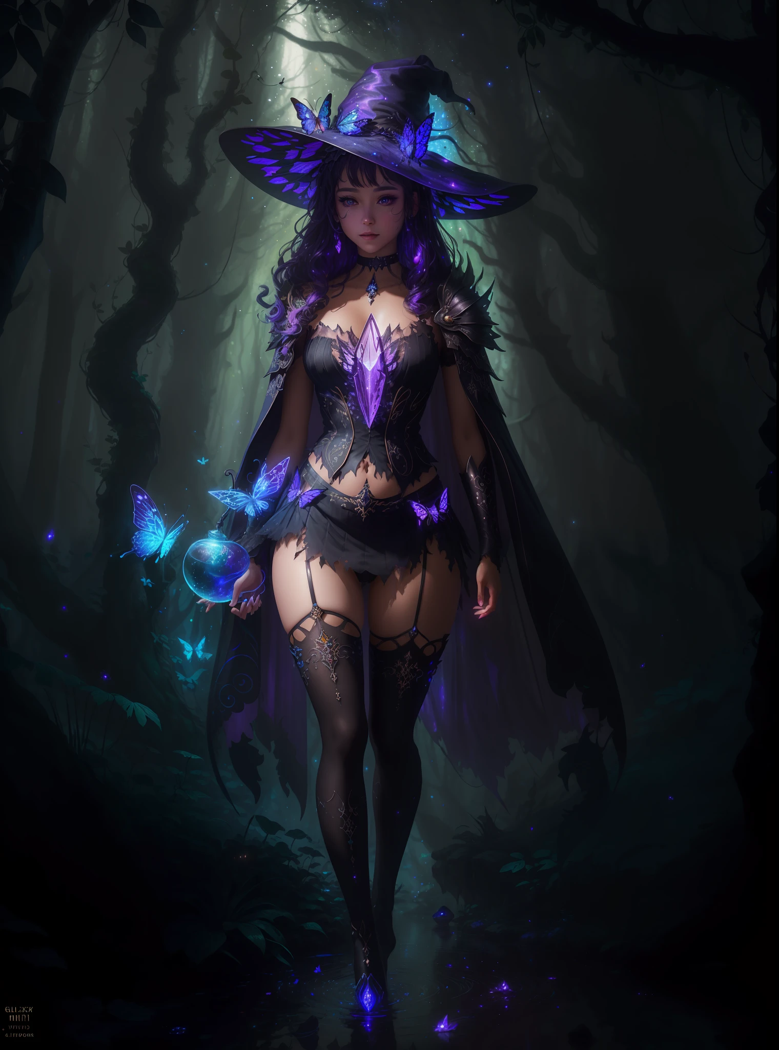sexy full shot body photo of the most beautiful artwork in the world, illustration, cinematic light, fantasy, highres, highest quallity, ultra detailed, best quality, masterpiece, (detailed face), sexy mature woman wears a shirt and (torn) fullbody (transparent galaxy) cloths coat, floating cloth, choker, glowing (elder underworld fantasy) forest plants with neon details, open shoulders, tiny glowing butterfly, hair jewery, wearing a torn witch hat, (focus on body:1.25), night, small mutated animals in background, torn mini skirt ,a potion on hip, shoulder pads emitting magic energy, cameltoe, dark, light reflection