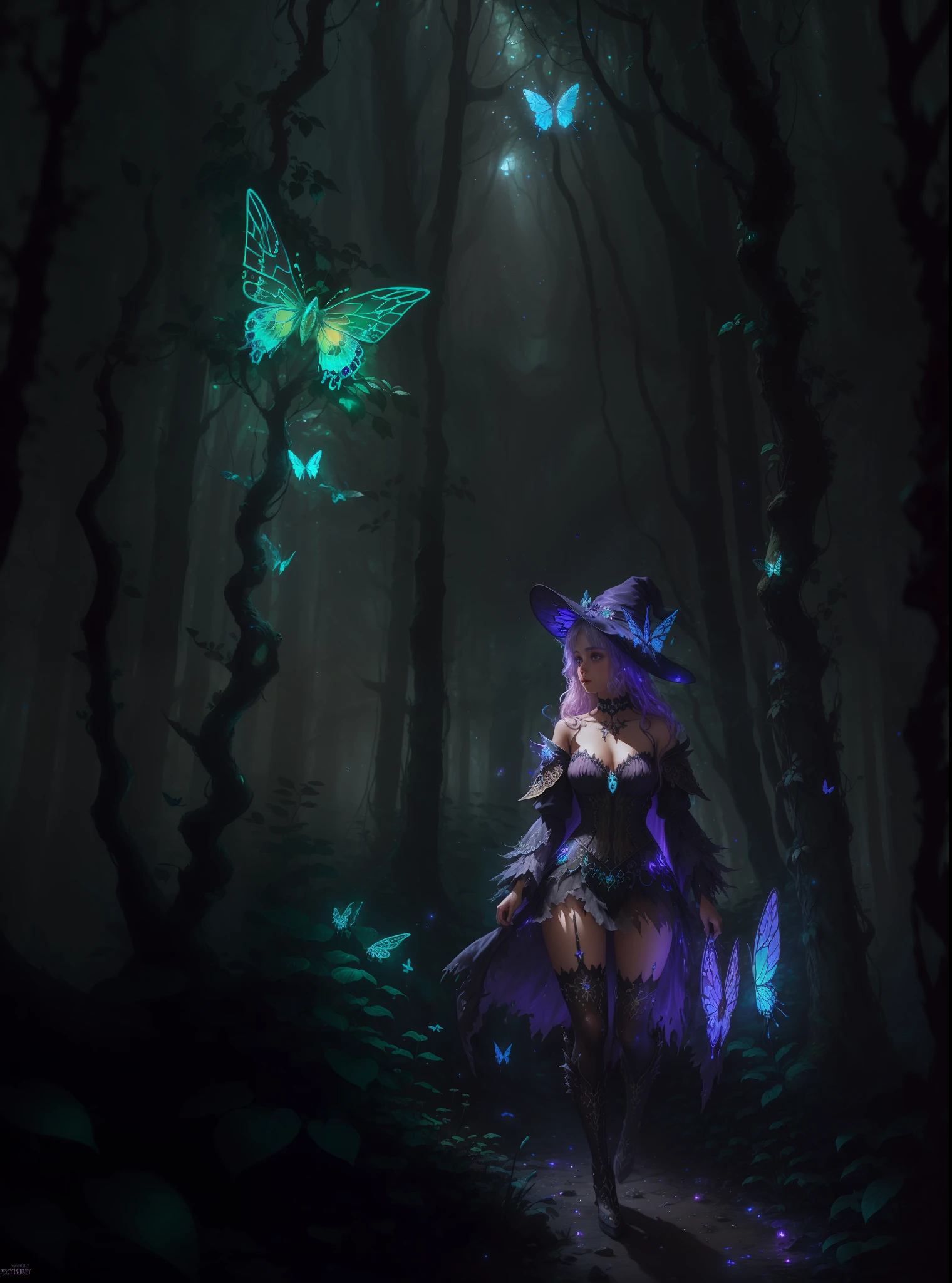 sexy full shot body photo of the most beautiful artwork in the world, illustration, cinematic light, fantasy, highres, highest quallity, ultra detailed, best quality, masterpiece, (detailed face), sexy mature woman wears a shirt and (torn) fullbody (transparent galaxy) cloths coat, floating cloth, choker, glowing (elder underworld fantasy) forest plants with neon details, open shoulders, tiny glowing butterfly, hair jewery, wearing a torn witch hat, (focus on body:1.25), night, small mutated animals in background, torn mini skirt ,a potion on hip, shoulder pads emitting magic energy, cameltoe, dark, light reflection