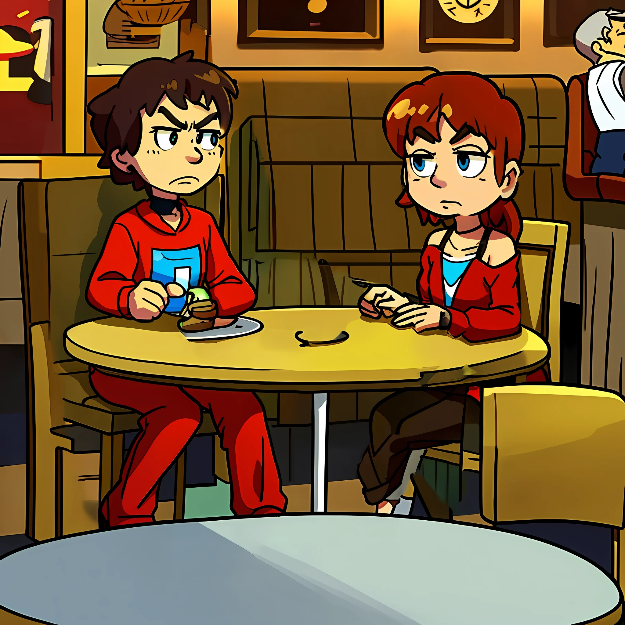 cartoon of two people sitting at a table eating food, sitting in a cafe, having an awkward dinner date, in a coffee shop, sitting at a table, sitting at table, in a bright cafe, sitting at a bar, in a bar, in a pub, restaurant!, sitting at the table, mapo tofu cartoon, animated episode still
