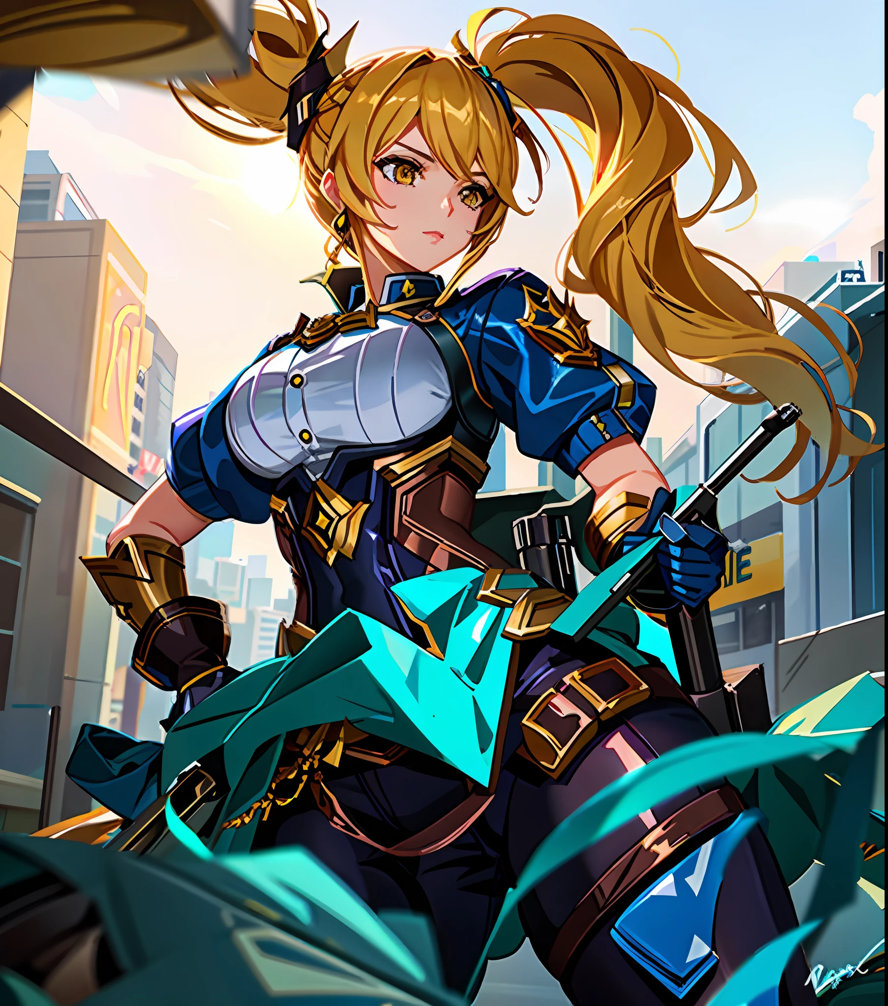 ((Layla from mobile legends: 1.5)),a close up of a woman with a gun in her hand, extremely detailed artgerm, mechanized valkyrie girl,masterpiece, best quality, high quality, complex details , wearing swimming suit, in swimming pool, thicc thighs, huge breasts, ultra details, photorealistic,((2 ponytail: 1.4)), yellow hair, yellow eyes,CG details