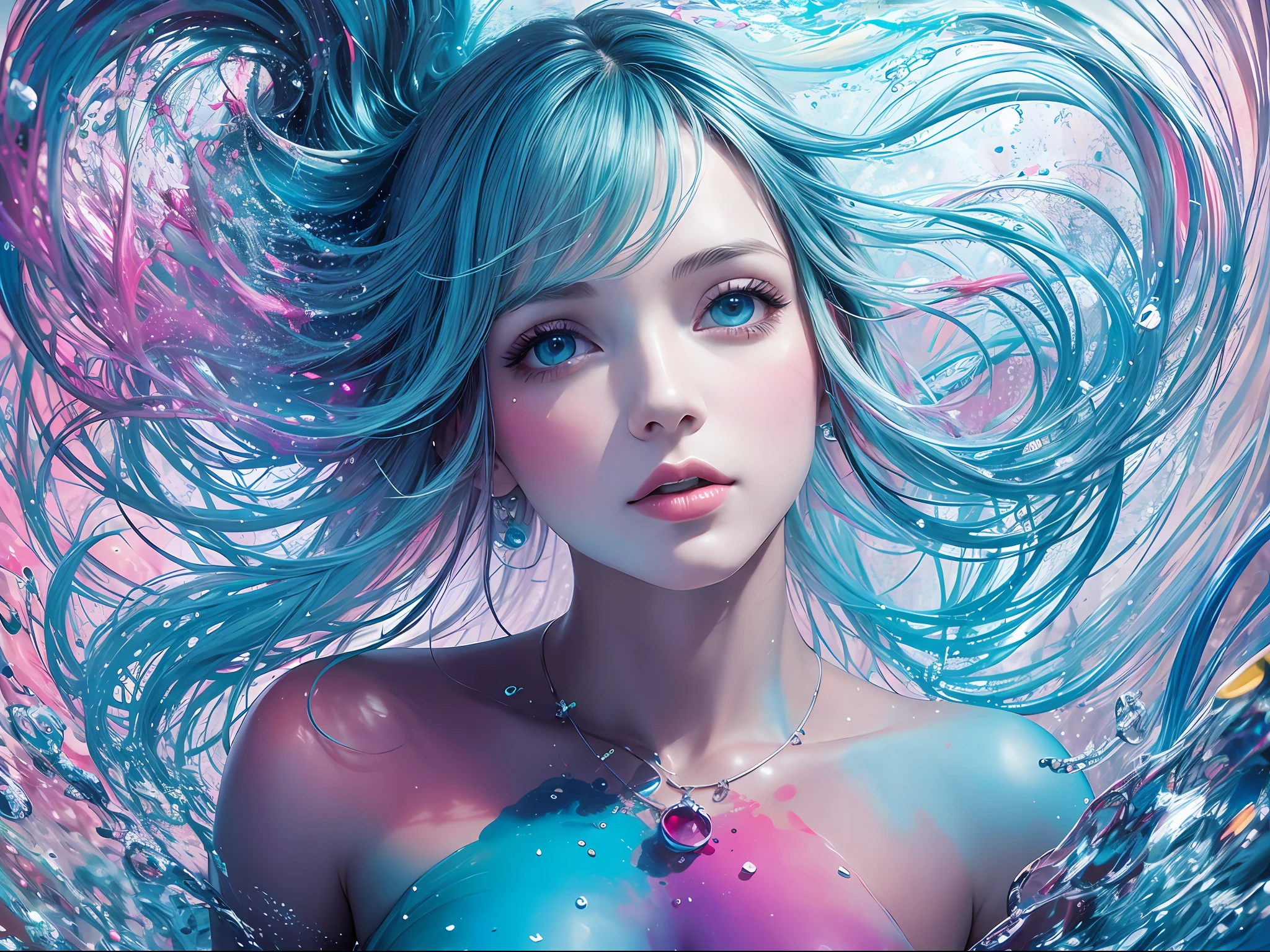 Colorful abstract art of underwater paint of a beautiful woman, romantic lighting, underwater paint art awarded by alberto seveso --auto --s2