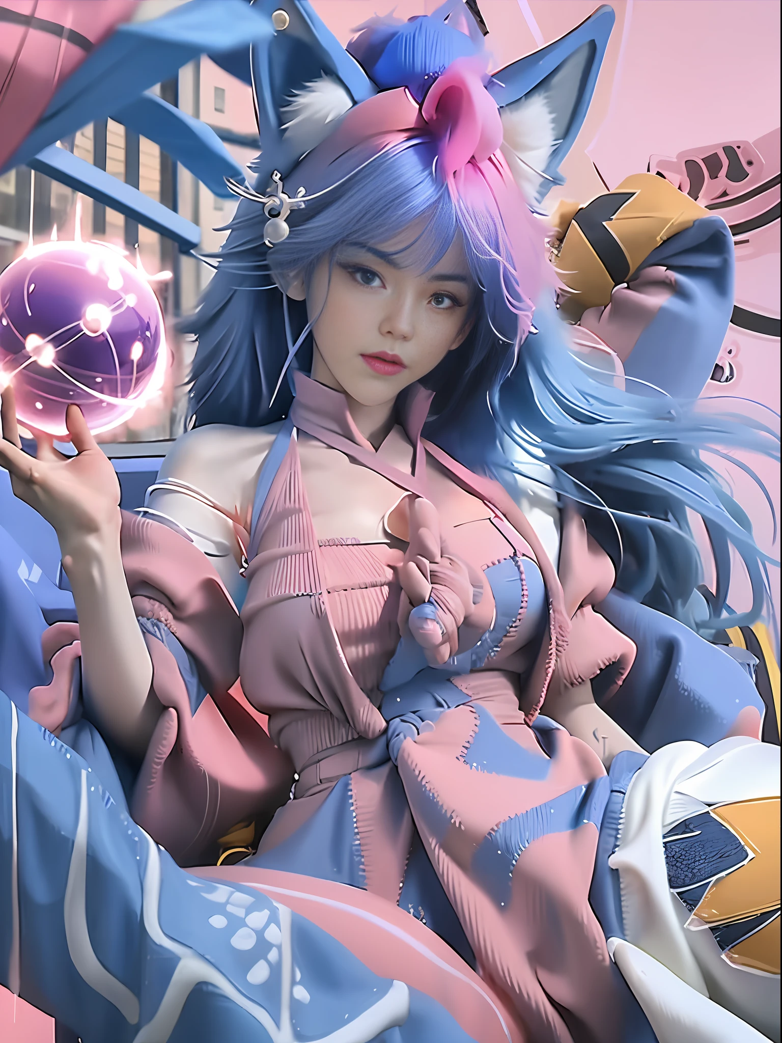 Masterpiece, best quality, clear facial features, girl dressed as a fox, seductive expression, nine tails, blue hair, white clothes, holding a suspended blue orb in his hand, pink background, clouds, pink sky,