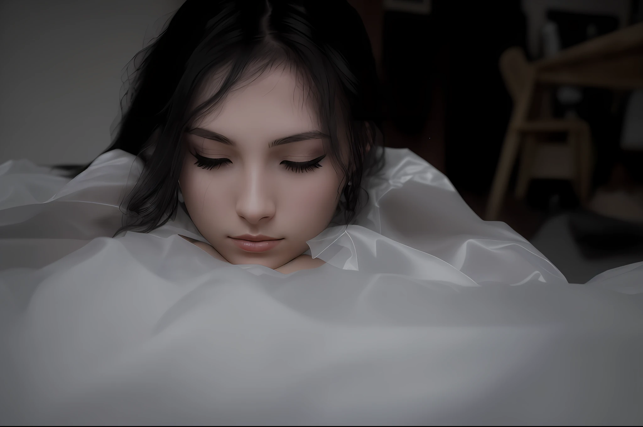 (eyes closed: 1.4), dark emo girl, wearing transparent clothes, on bed, white sheets, near corners, realistic face, detail face, detail background a little blurry, mysterious view, wet reflection, not much light on the model, correct shadows, HDR, photo realistic, photo with dark tones, Gothic photo, mid