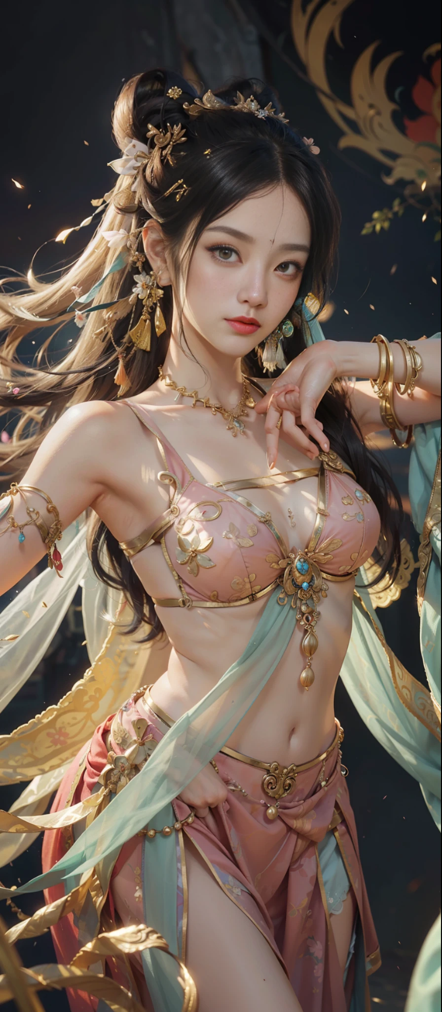 Dunhuang style, 1girle, (realistic, photorealistic real: 1.3), extremely delicate beautiful girl, supple fair skin, delicate facial features, perfect face, light makeup, peach blossom eye makeup, enchanting sexy pose, sexy collarbone, delicate hands, delicate eyelashes, delicate eyes, bare shoulders, stunning beauty, extreme details, realistic details, best quality, highly detailed, masterpiece, shoulder, navel, flying pipa girl, Dunhuang mural in background, dance, Buddhist musical instrument in hand, black hair, very long hair, hair accessory, ribbon, kanzashi, hair bubbles, flowers on the head, gradient eyes, smile, surrealism, high detail, romanticism, cinematic lighting, glitter, reflected light, uhd, retina, masterpiece, super detail, textured skin, anatomically correct, high detail, best quality, high resolution, high quality, award-winning, 8K