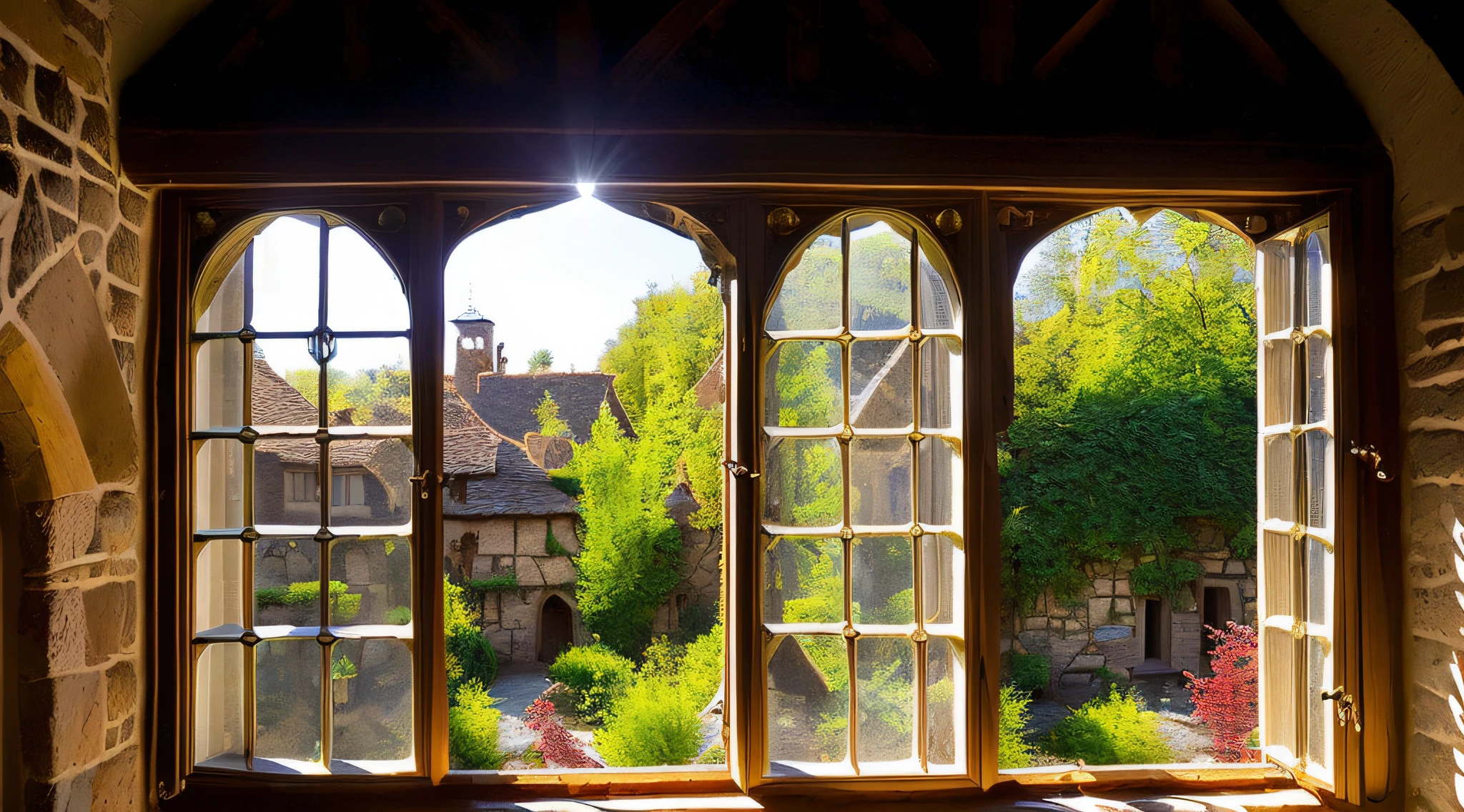 (a breathtaking view of a small backyard through the first floor window of a medieval house:1.5), antique look, narrow courtyard, dense vegetation, rays of sun filtering through the leaves, drips of water, soft shadows, natural lighting, window framing, artistic inspiration.