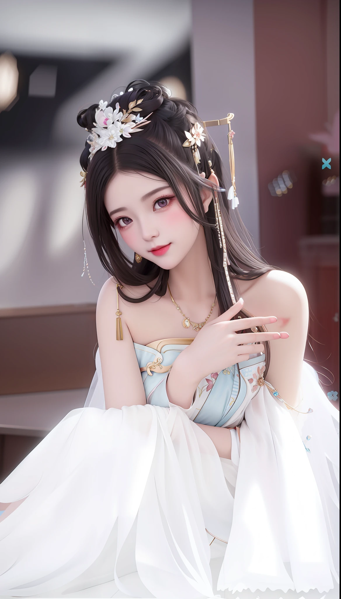 best quality, masterpiece, highres, 1girl,blush,(seductive smile:0.8),star-shaped pupils,china hanfu,hair ornament,necklace, jewelry,Beautiful face,upon_body, tyndall effect,photorealistic, dark studio, rim lighting, two tone lighting,(high detailed skin:1.2), 8k uhd, dslr, soft lighting, high quality, volumetric lighting, candid, Photograph, high resolution, 4k, 8k, Bokeh