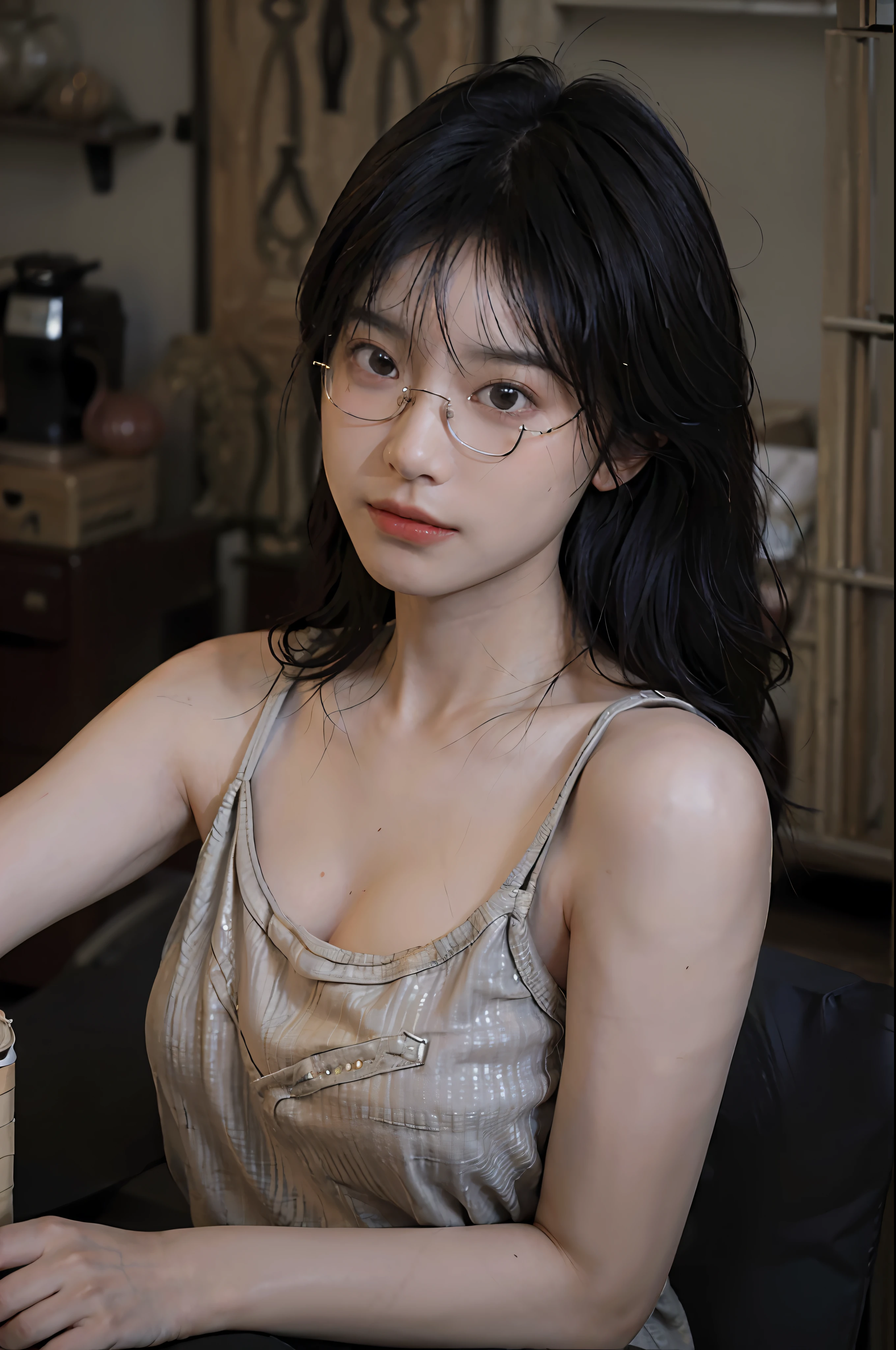 8K,Best quality, masterpiece, ultra high res, (photorealistic:1.4), raw photo, (Authentic skin texture:1.3), (film grain:1.3), (selfie angle),1girl,beautiful detailed eyes and face,masterpiece, best quality,close-up,upper bod,wolfcut , glasses , black tshirt