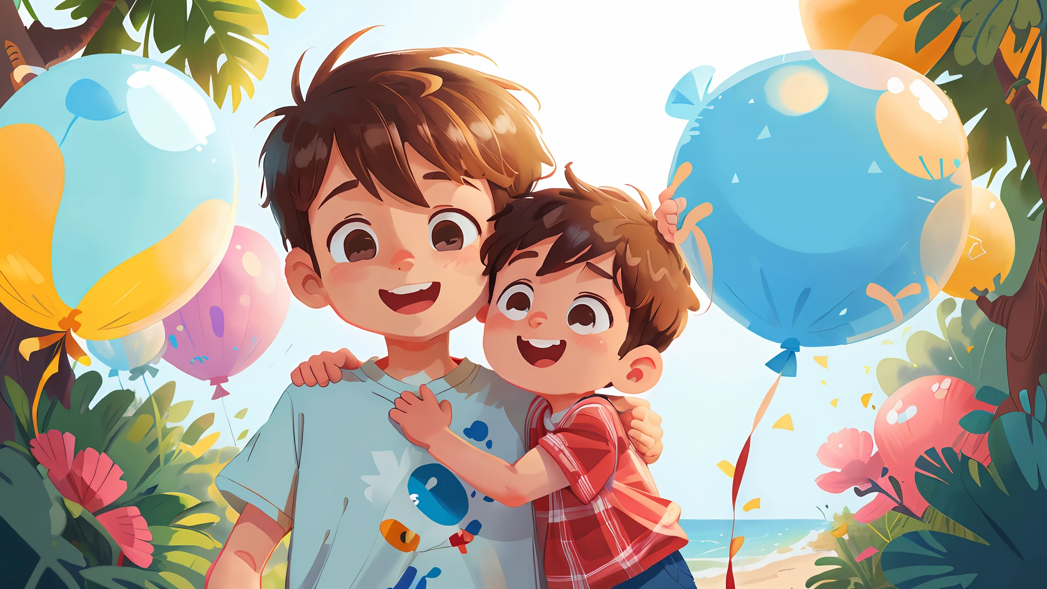 A boy hugging with daddy, outdoors, beachside, lots of balloons, happy, happy, perfect quality, clear focus (clutter - home: 0.8), (masterpiece: 1.2) (Realistic: 1.2) (Bokeh) (Best quality) (Detailed skin: 1.3) (Intricate details) (8K) (Detail Eyes) (Sharp Focus), (Happy)