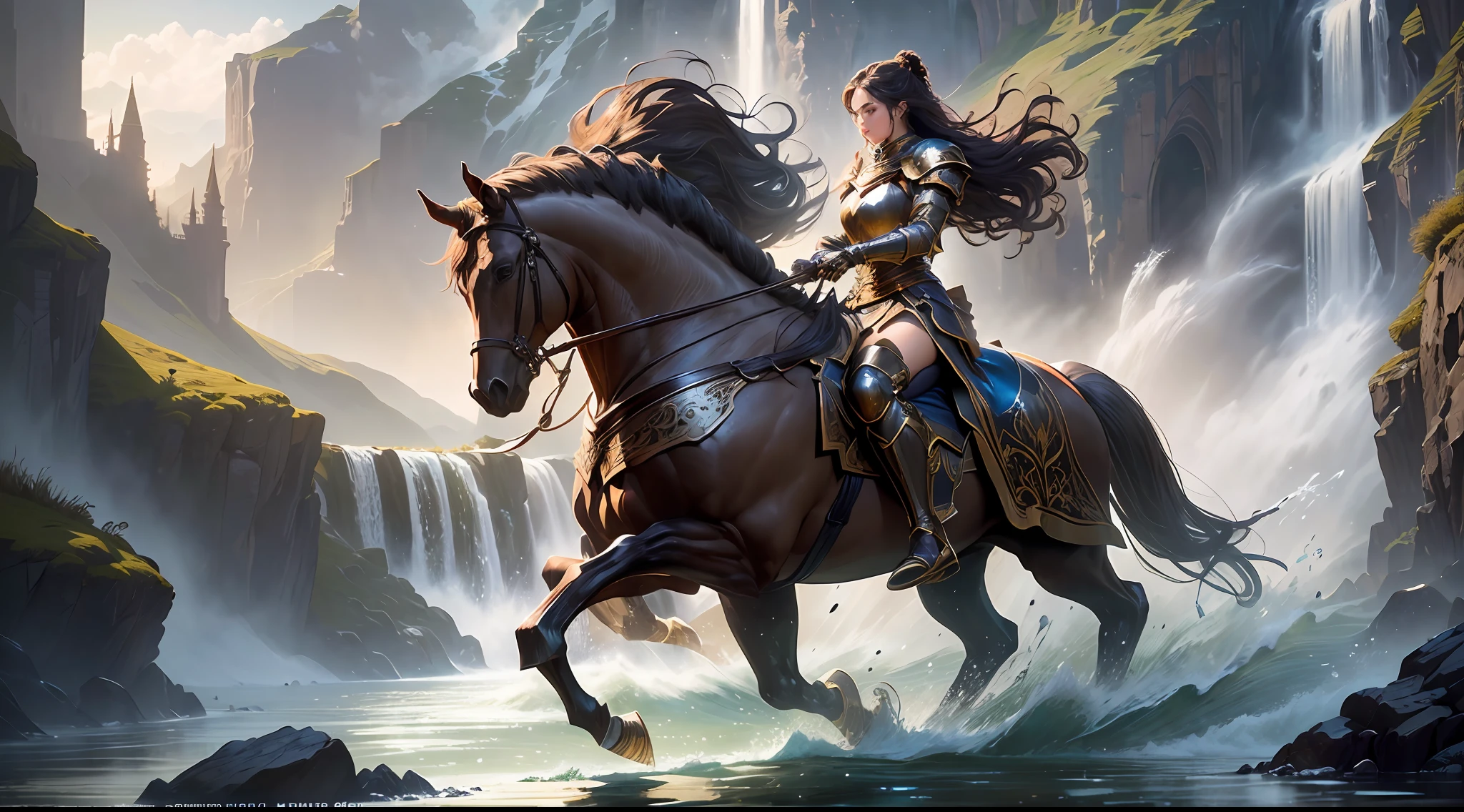 (a very detailed and beautiful scene in the style of bronze knight, bronze knight chiring in a stunning landscape, water falling up, high definition, stunning lighting, sharp shadows, dynamic camera effects, strong sense of movement, subtly blended fantasy elements)