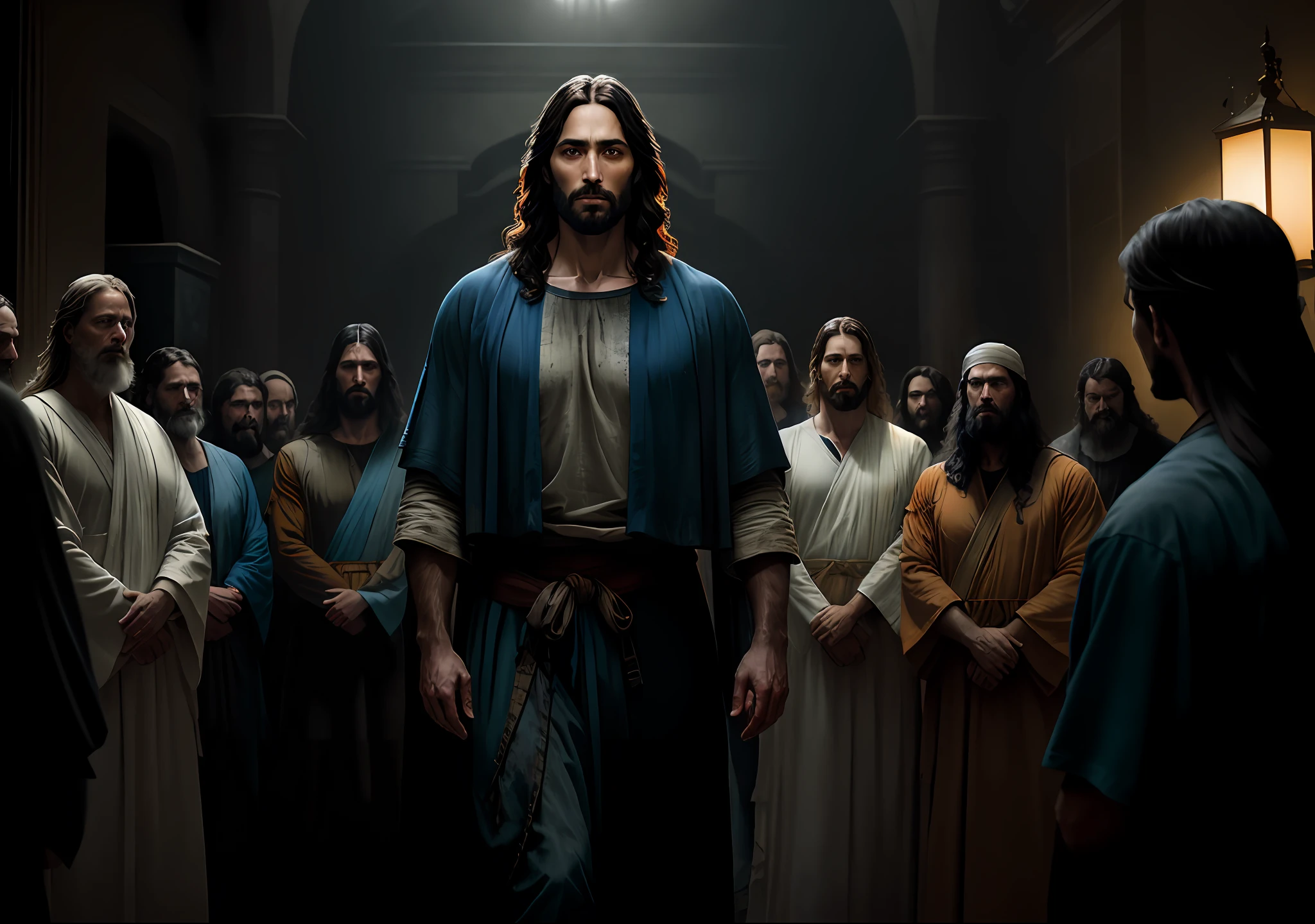 JESUS CHRIST with his disciples Dark photo: realistic epic, soft cinematic portrait, adobe lightroom, photographic lab, highly detailed, faded, art by greg rutkowski and artgerm ,neutral colors: 1,2), (hdr:1,4) , (soft colors:1.2), hyperdetailed, (artstation:1.4), cinematic, warm lights, dramatic light, (intricate details:1.1), complex background, (rutkowski:0.66), (blue and orange:0.4 8K