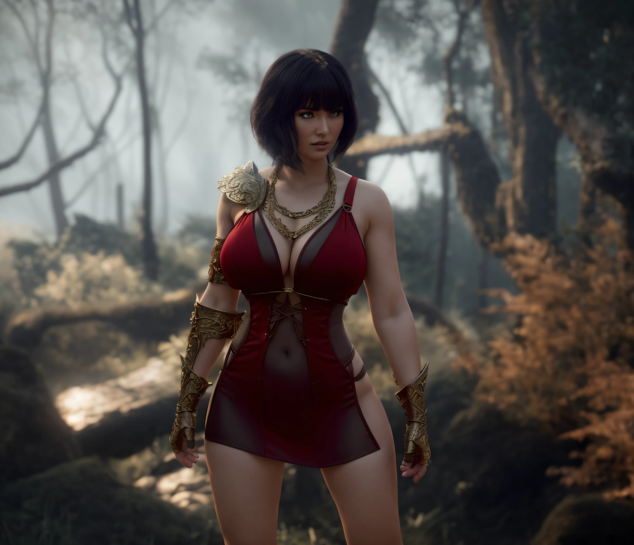 there is a nude woman in a red dress standing in a forest, cinematic goddess body shot, warrior outfit, fantasy outfit, mighty plump female sorceress, ornate bikini armor, succubus in tight short dress, thicc build, bikini-armor, evil princess of the wasteland, thicc, bikini armor female knight, bikini armor, lady in red armor