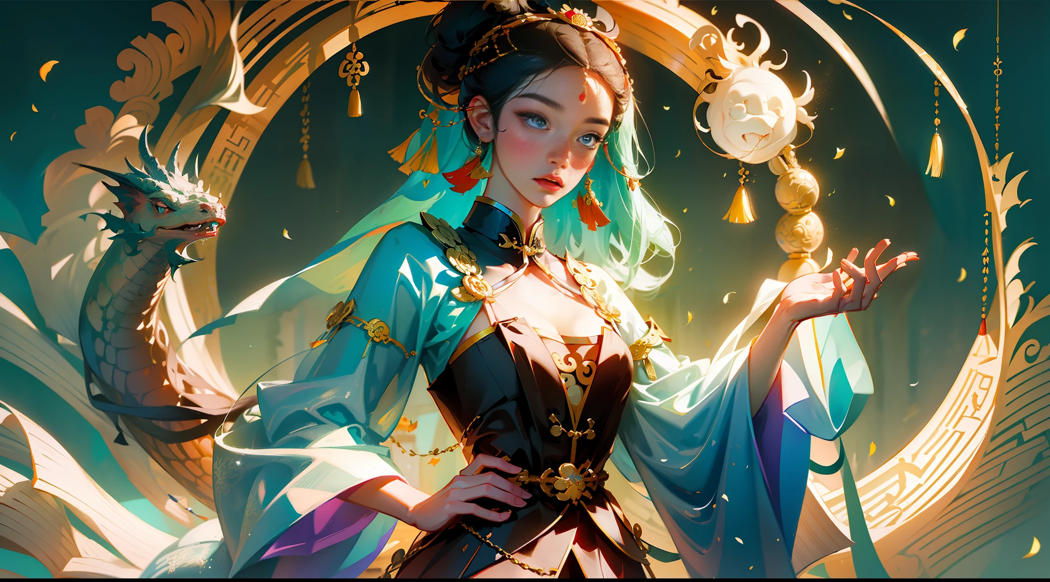 Masterpiece, highest quality, super detail, trend, art station, CG, an ancient Chinese beauty, bust photo, detailed eyes, symmetry, Tang dynasty costume, holding a large jewel in hand, a small dragon behind him, professional lighting, professional photography, (realistic: 1.5), octane rendering, (surreal: 1.2), --auto --s2