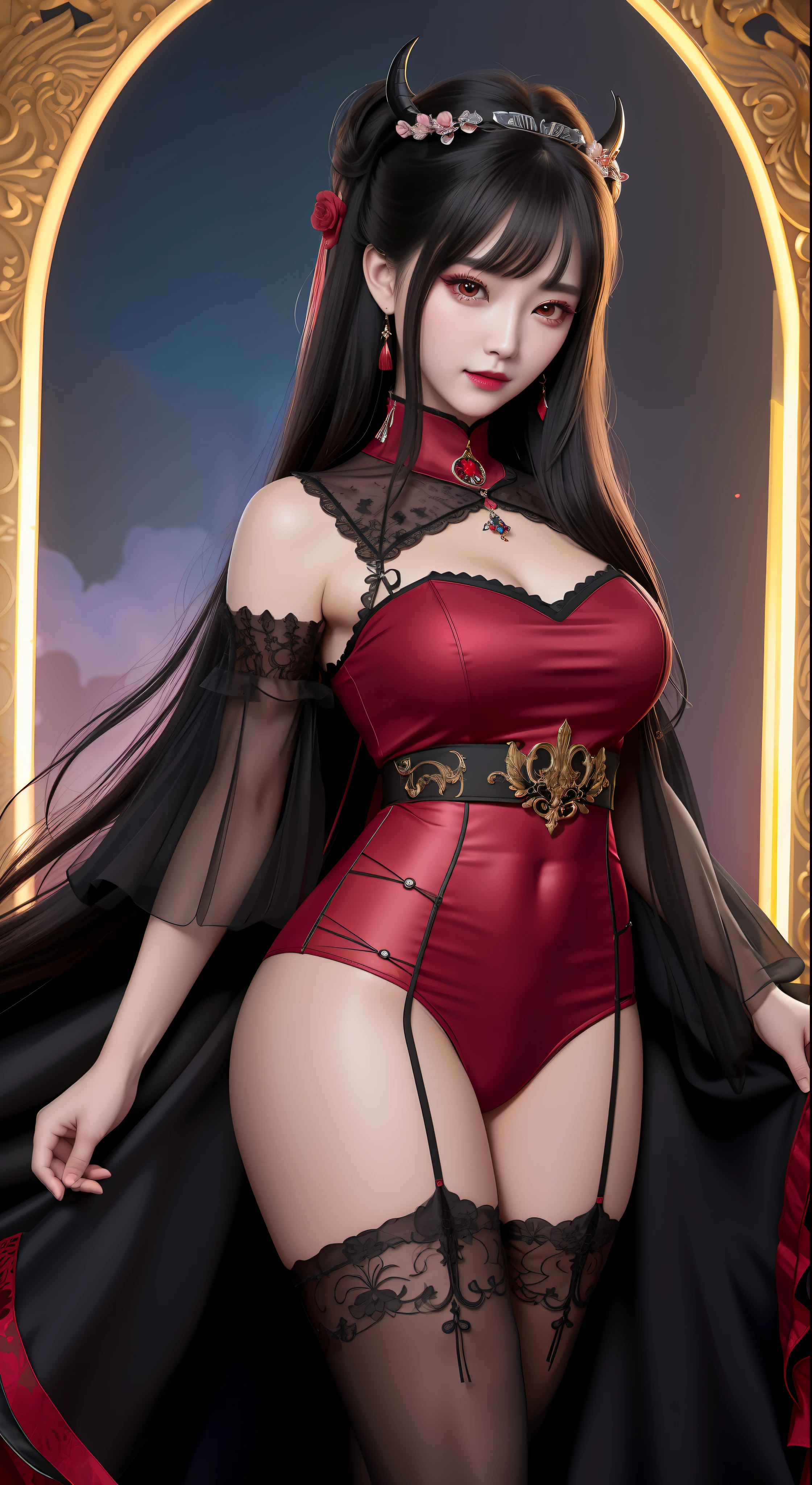 best quality, masterpiece, highres, 1girl, hanfu, white and even teeth, red irises, chinese underwear, hair ornaments, necklace, jewelry, crown jewelry. Pretty face, full body, magic import style, tyndall effect, photo realistic, dark studio, border light, two tone light, (high detail skin: 1.2), 8k uhd, dslr , soft light, high quality, volumetric light, candid, Photo , high resolution, 4k, 8k, Bokeh, (light pink lips), 1 beautiful demon from hell, In the Dark: 1.6), surreal full body of women by David Hockney and Alphonse Mucha, fantasy art, photorealism, dynamic lighting, station art, posters, volumetric lighting, highly detailed faces , super 8k, Awarded, in the dark, deep shadow, low light, cowboy lens, (Red phoenix shirt: 1.4), long hair, black hair, bust, luxury palace, Royal style family, devil's crown, red eyes with very sharp and detailed makeup, Best face, Very round and tight breasts, Surreal, chinese women's clothing, turtleneck polo lace top, charming smile, Beautiful eye makeup, guweiz, devil style, black lace stockings, mesh stockings with hooks on underwear, ponytail with a bow at the back, dark red lips, Devil tattoo on shoulder, wearing a nightgown thin lace deep slit chest red black, overcast and thunderous landscape, (full body), Close-up of main character, (Background detail 1.8), lace socks worn at the waist, moderately big butt,