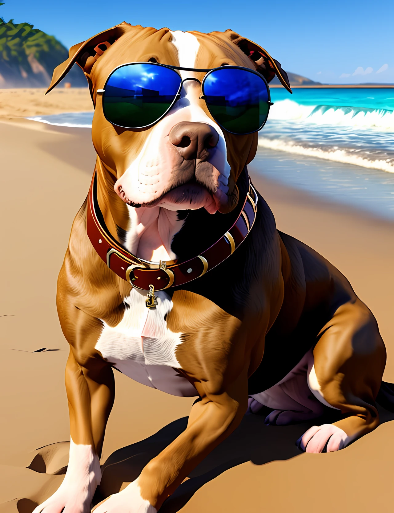 a fierce pitbull, bad boy style, sunglasses, on a beach, realistic, real texture --auto --s2